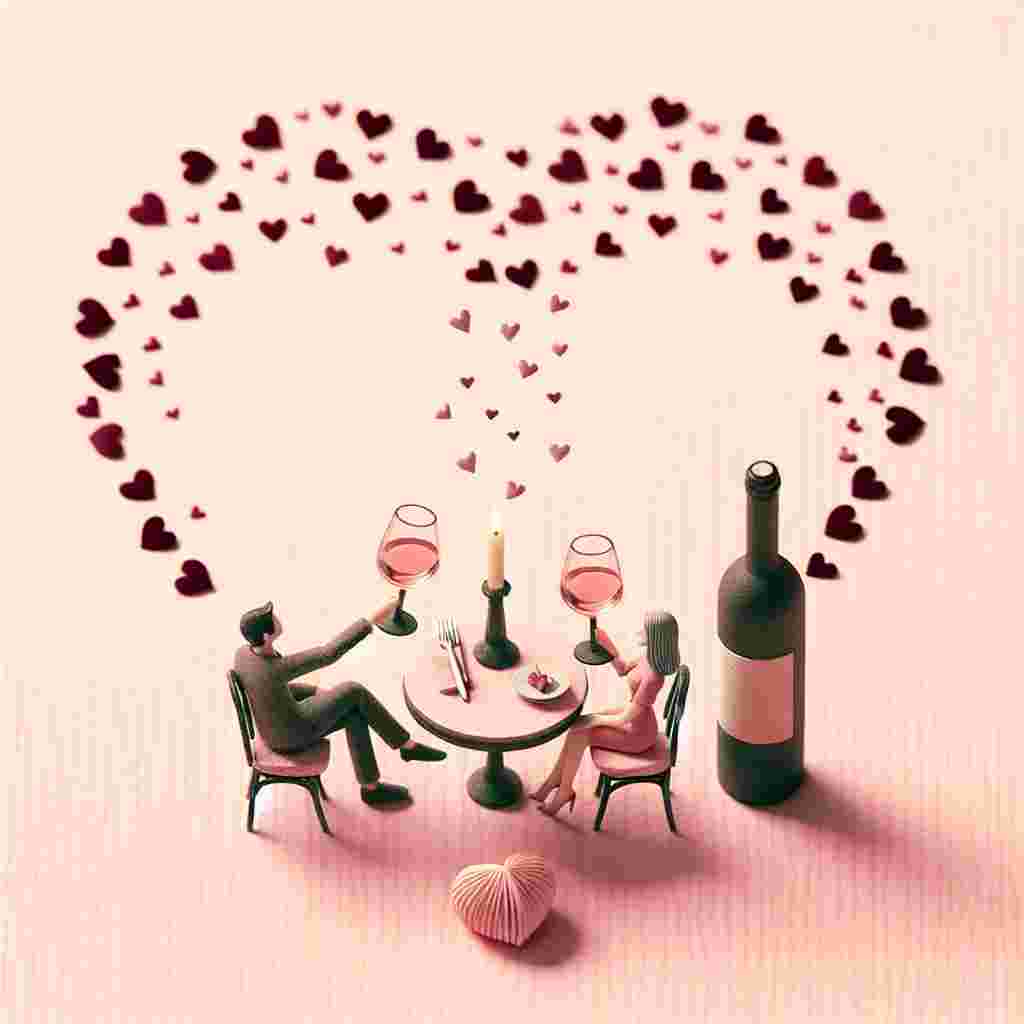 Create a heart-touching and nostalgic illustration depicting a romantic scenario on Valentine's Day. Featured in this image is a couple partaking in a toast, their wine glasses clinking together. A soft pastel pink background peppered with tiny, understated heart shapes accentuates the atmosphere of love. In the center of the scene is a petite, candlelit table where a bottle of luxurious wine and a pair of sleek, sophisticated glasses comfortably sit, suggesting an intimate and personal celebration of romantic affection.
Generated with these themes: Wine.
Made with ❤️ by AI.
