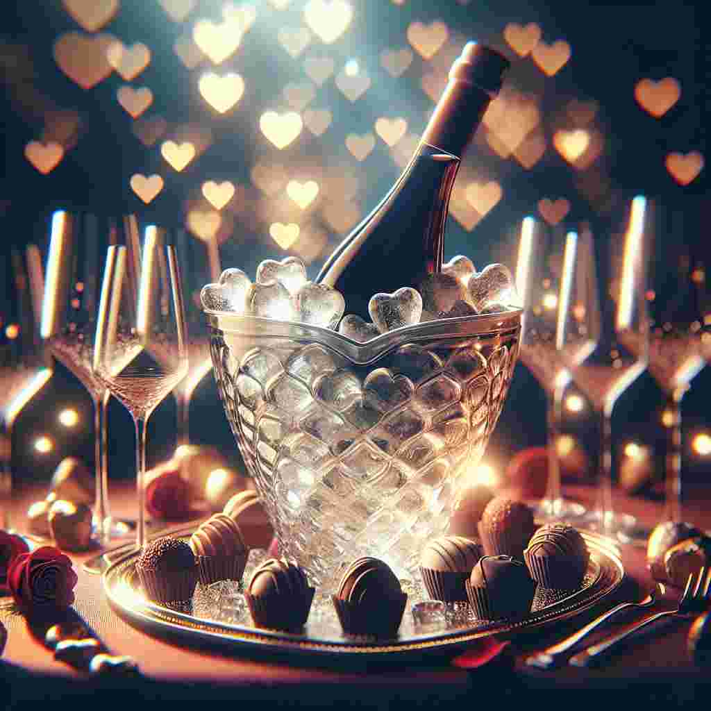 Render a warm and inviting image that signifies the celebration of Valentine's Day. The central focus should be on a single bottle of aged wine nestled in an ice bucket designed like a heart. The bucket is surrounded by refined glassware prepped for a toast. Enhance the romantic ambiance by blurring the background with a myriad of shimmering lights. Embellish the setting with trappings such as a garland made from roses and delectable chocolate truffles, subtly expressing an elegant, yet intimate celebration of love.
Generated with these themes: Wine.
Made with ❤️ by AI.