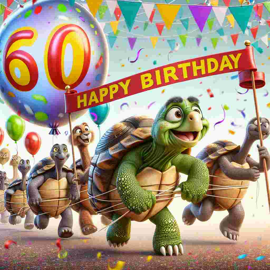 A heartwarming illustration featuring a parade of cartoon animals holding a long banner that reads 'Happy Birthday'. At the front, a smiling tortoise carries a large '60' helium balloon that's humorously struggling to lift him off the ground. The background is dotted with colorful streamers and confetti, emphasizing the celebratory atmosphere.
Generated with these themes: funny 60th  .
Made with ❤️ by AI.
