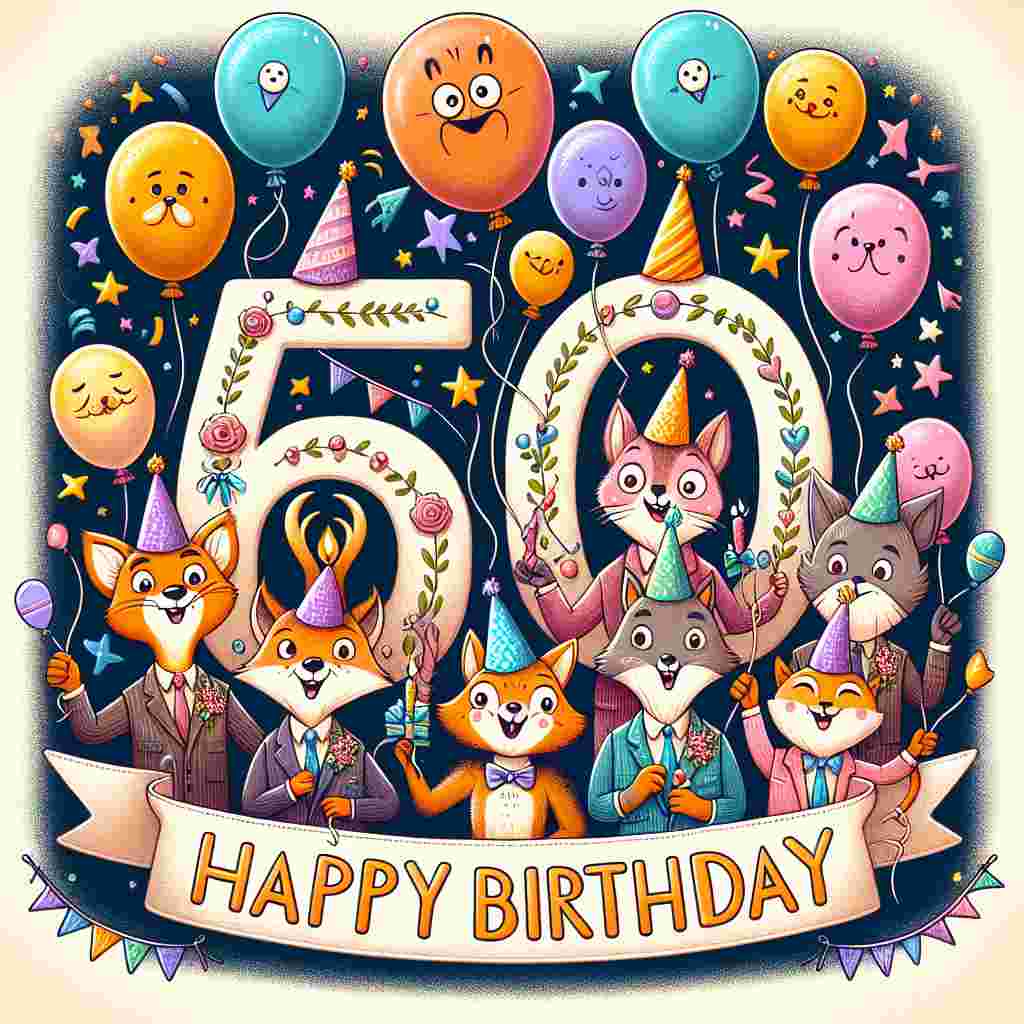 A playful illustration depicting a group of cheerful anthropomorphic animals wearing party hats and holding balloons that have funny faces drawn on them. In the center, a large '60' is crafted out of a whimsical font, surrounded by tiny stars and confetti. Above it all, in a colorful banner, the text 'Happy Birthday' completes the festive scene.
Generated with these themes: funny 60th  .
Made with ❤️ by AI.