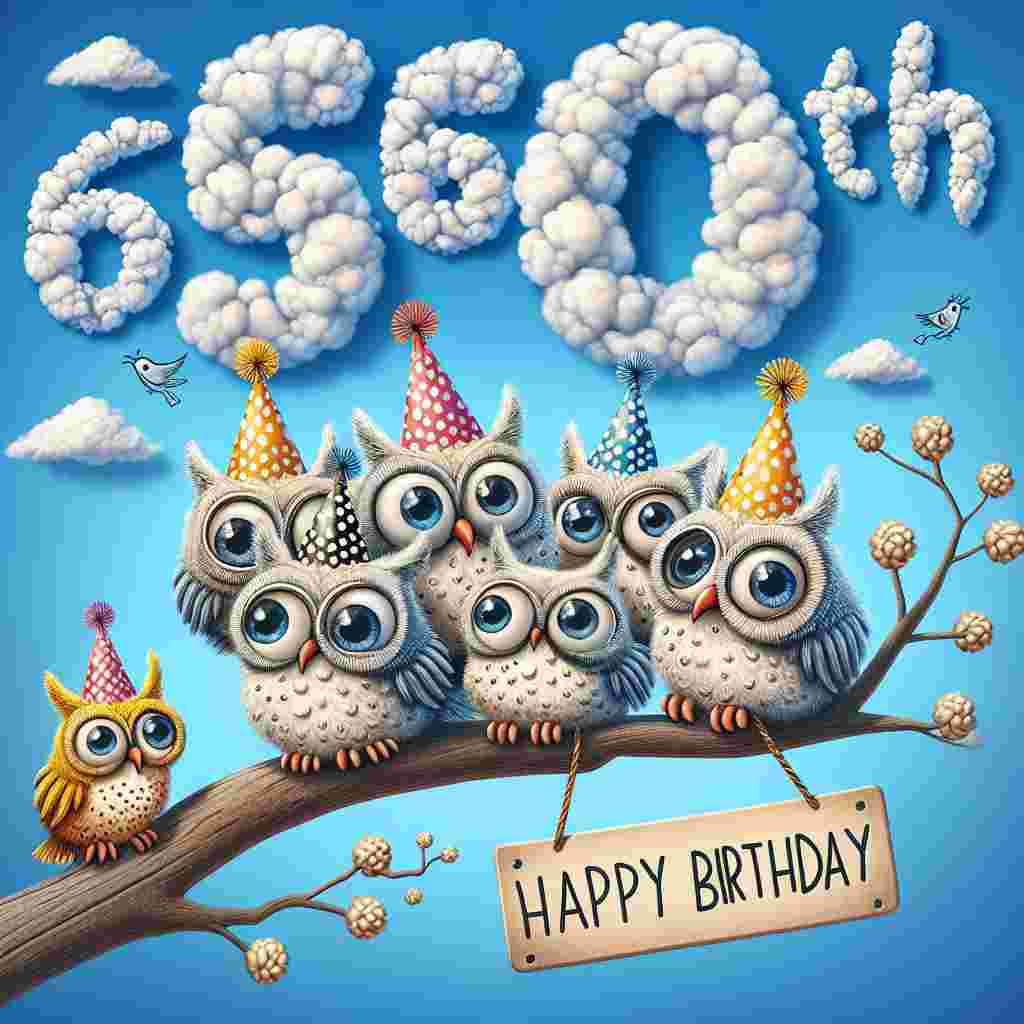 A charming illustration showcasing a group of wide-eyed cartoon owls perched on a tree branch, each wearing a polka-dot party hat. The largest owl holds a sign with the words 'funny 60th' in a quirky font, while overhead, 'Happy Birthday' is written across the sky in cloud letters.
Generated with these themes: funny 60th  .
Made with ❤️ by AI.