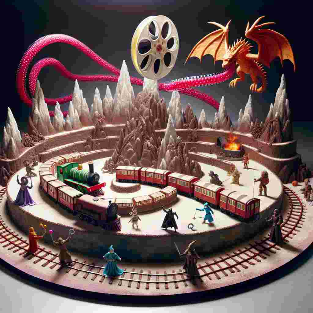 Generate an image of a whimsical birthday celebration occurring on a gargantuan, multiple-layered cake constructed to resemble a fantastical role-playing landscape. The landscape is designed with frosting-made mountains and valleys dusted with sugar, creating an environment reminiscent of a Dungeons & Dragons setting. A miniature train is seen merrily making its way around circular tracks, with diminutive party guests dressed in costumes, resembling wizards and warriors, on board. Suspended above this lively scene is a dragon made entirely from balloons. In its grasp, it holds a film reel displaying scenes from famous cinema, the film gracefully unrolling and extending downwards like a winding crimson carpet, welcoming these adventurers to their film-themed dungeon feast.
Generated with these themes: Dungeons and dragons, Trains, and Movies.
Made with ❤️ by AI.