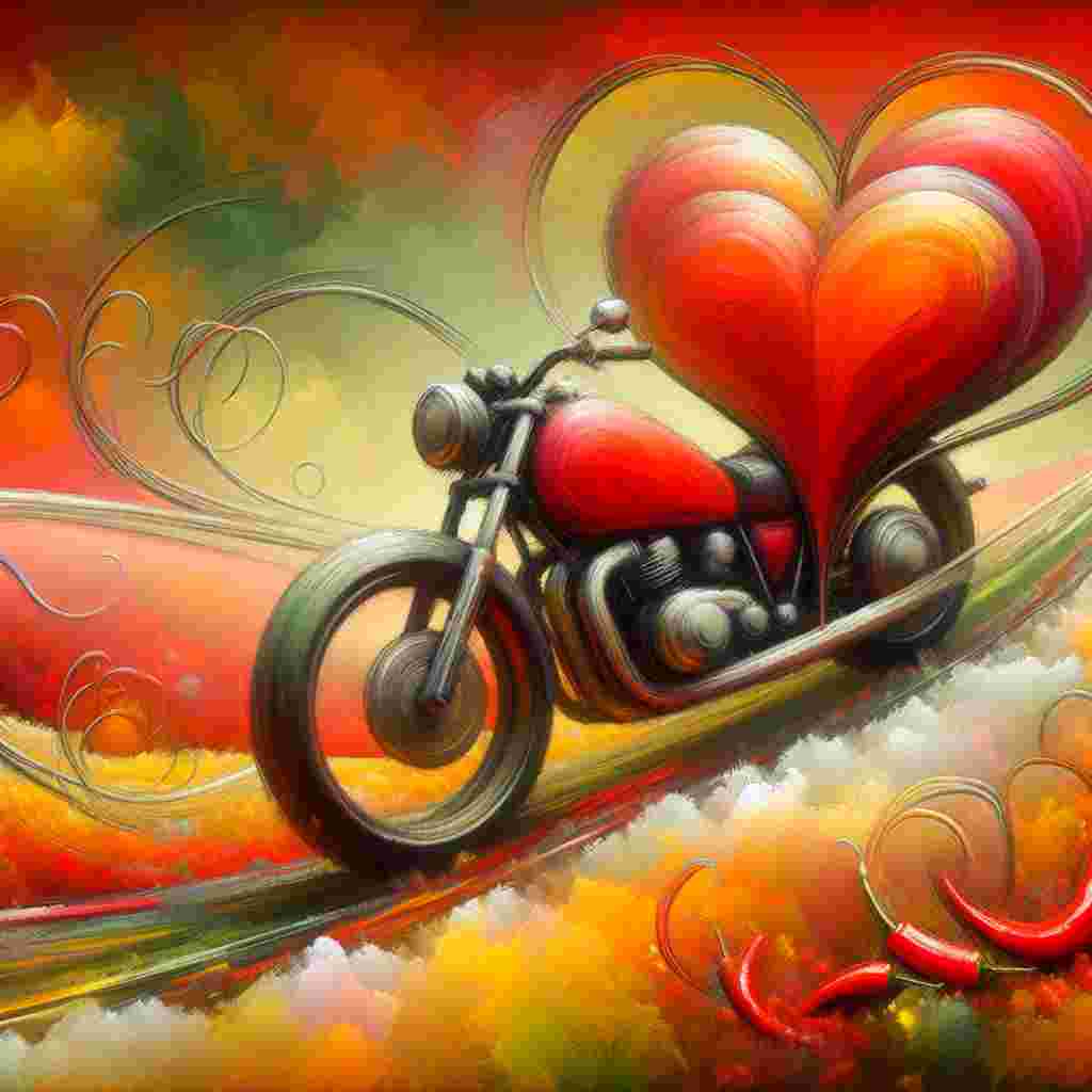 Imagine a dreamy landscape scene where an oversized motorbike exists in an enhanced scale. The wheels of this motorbike are transformed into intertwined hearts that appear to throb with vitality, embodying an adrenaline-rich voyage ahead. The entire scene is permeated with the spiced scent of chili peppers, hinting at thrilling adventures to come. The dominant colors on this canvas are red and orange, providing a passionate background that captures the warmth of an embrace on Valentine's Day. Abstract swirls of yellow and green sketch the outline of a trail doused with the aroma of curry, symbolizing the shared culinary adventures of two lovers which encapsulate a fusion of heat and flavor, demonstrating the vibrancy of their joint experiences.
Generated with these themes: Motorbike chilli adventure travel curry.
Made with ❤️ by AI.