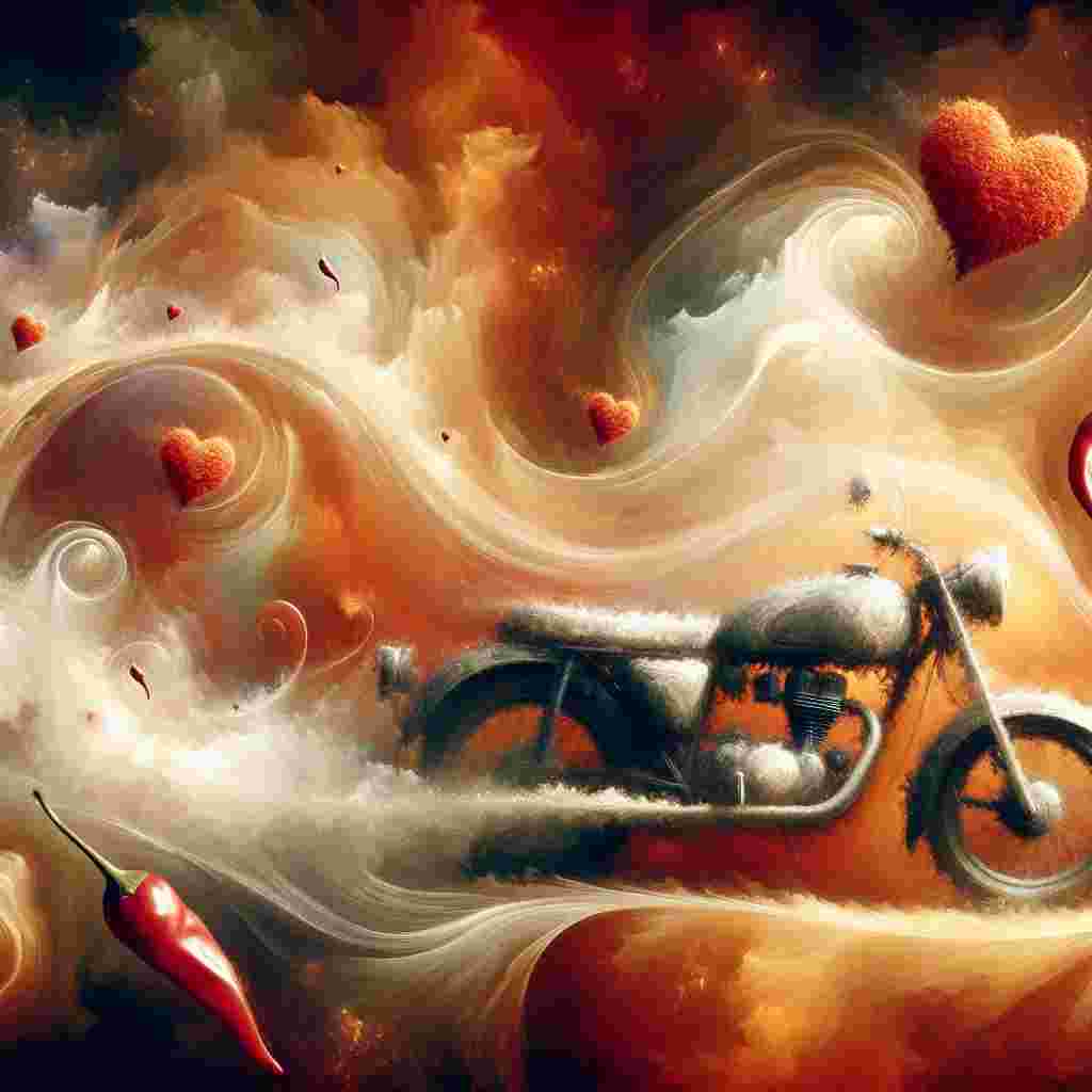 Depict a serene yet surreal Valentine's Day theme on an abstract canvas. The focal point is a ghostly motorbike, representing an imminent escapade. The bike's form is softened and abstract, blending with other surreal elements including floating chilli peppers and ethereal swirls that suggest long distance travels. Varying warm tones of curry spices are dispersed across the scene, contributing to an aura of exotic adventures. Scattered throughout the space are hearts that sporadically appear and disappear, embodying the fleeting nature of time and love, but also underscoring the unceasing excitement of an unconventional romantic journey.
Generated with these themes: Motorbike chilli adventure travel curry.
Made with ❤️ by AI.