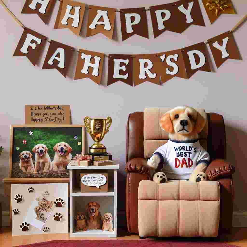 Depict a warm and endearing setting celebrating Father's Day for a dog father. The scene emphasizes a snug corner of a living room where a dog-sized recliner is positioned, adorned with cushions declaring 'World's Best Dog Dad'. Next to the recliner, a petite table is placed which showcases a family portrait of the dog with its energetic puppies, as well as a 'Best in Show' trophy designed for humor. A homemade greeting card is propped against a gift box, the box is neatly wrapped and decorated with patterns of paw prints and symbols of bones. The backdrop is brimming with festive banners that communicate 'Happy Father's Day' in a joyful, hand-written text style.
Generated with these themes: Dog parent .
Made with ❤️ by AI.