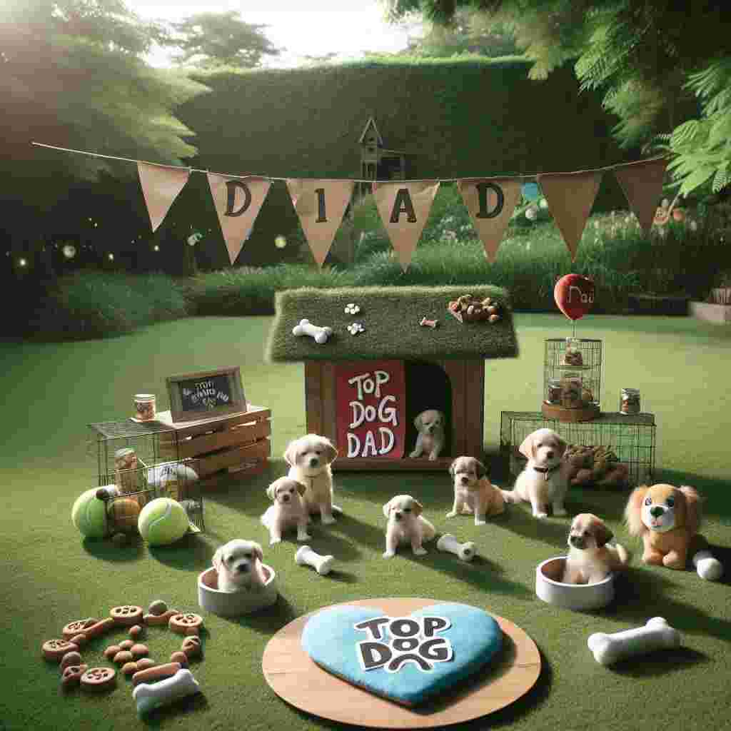 Create an image set in a serene outdoor park, focusing on the concept of dog parenthood for Father's Day. At the center, illustrate a doghouse flying a banner with the words 'Top Dog Dad.' Around the doghouse, depict a group of puppies playing with themed toys, specifically, a frisbee bearing the word 'Dad' and a plush heart featuring a paw print. Also, elegantly sprawl the verdant grass with decorations inspired by dog treats. Lastly, frame the scene with a garland made of bones and tennis balls, and illuminate it gently with the soft afternoon sunlight.
Generated with these themes: Dog parent .
Made with ❤️ by AI.