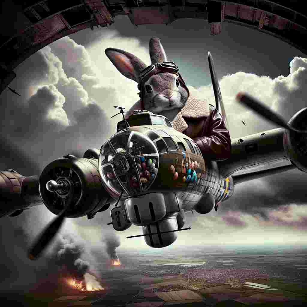 Visualize a dramatic setting of a war-ravaged land under a cloudy sky. At the center of this realistic depiction of Easter, a well-worn B-17 Flying Fortress races across the sky, its engines thundering with resolve. Inside, an unique Easter bunny, embodying hope amidst the turmoil, is kitted out in a pilot's leather jacket and goggles. Its expression is one of sheer focus as it grips the controls, steering the aircraft over a once tranquil territory now blemished by conflict, on a mission to deliver a cargo of colorfully painted eggs, each representing a tiny symbol of renewal.
Generated with these themes: Easter bunny in a b17 flying fortress .
Made with ❤️ by AI.