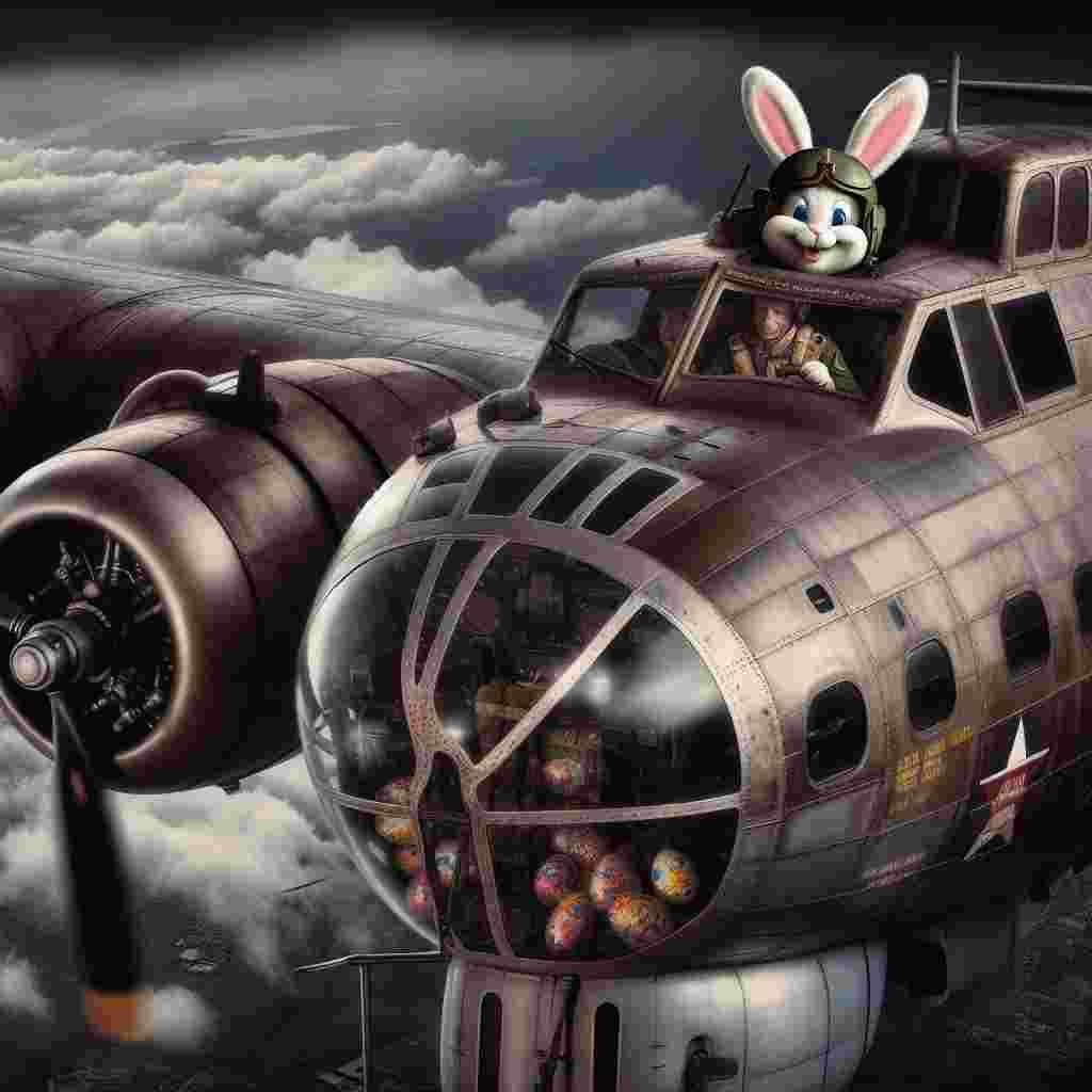 Picture a battle-worn and somber environment, scarred from the marks of conflict. Above these landscapes, a B-17 Flying Fortress is seen gliding gracefully. Its metallic exterior mirrors the austere atmosphere below. Unexpectedly, the pilot within the sturdy aircraft is a cartoon Easter bunny, donned in a flight helmet, its eyes reflecting determination and resolve. Beyond the cockpit, a cargo bay crammed with ornate Easter eggs adds a vibrant contrast to the serious surroundings. The scene is a profound representation of a curious blend of tradition and hope in the most challenging times.
Generated with these themes: Easter bunny in a b17 flying fortress .
Made with ❤️ by AI.