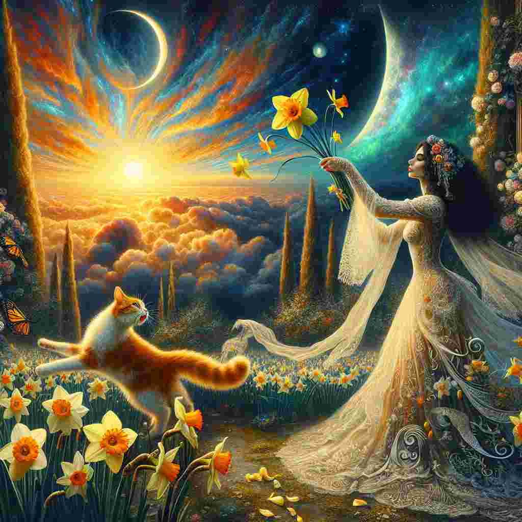 Create a surreal image of a garden wedding enveloped in the magical twilight where the sun and moon coexist. The center stage is commanded by a bride of Middle-Eastern descent with dark curly hair, donned in a flowing dress embellished with daffodil patterns, and a groom of White descent, with long blonde hair, attired in an eccentric yet stylish suit. The sky forms a breathtaking backdrop alight with fantastical colors, illustrating the transition from day to night. Integrated into the scene is a ginger and white furred cat playfully chasing daffodil petals, infusing a sense of quirky charm into this romantic environment.
Generated with these themes: Dark curly haired Bride , Long haired blonde Groom , Sun, Moon, Ginger and white cat , Garden wedding , and Daffodil .
Made with ❤️ by AI.