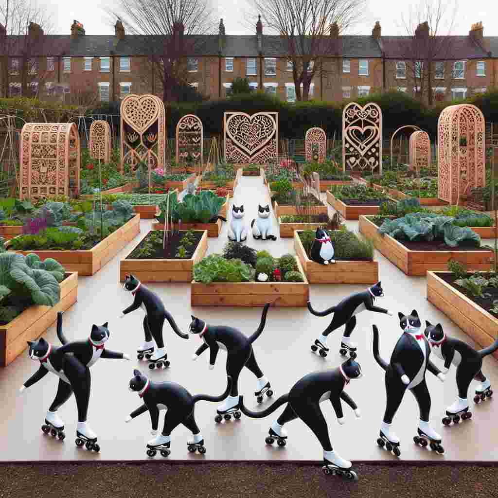 On a serene Valentine's Day, a group of tuxedo cats are gracefully skating on inline skates across the smooth pathways of an inner-city allotment. The community garden is a verdant spectacle boasting an abundant array of vegetables and blooming flowers. The garden's boundaries are adorned with diligently carved wooden installations, including arches and figurines. Each wooden piece is intricately carved with heart-shaped motifs, to represent the continuous and omnipotent nature of love.
Generated with these themes: Tuxedo cats , Inline skating , Allotment , and Woodwork .
Made with ❤️ by AI.