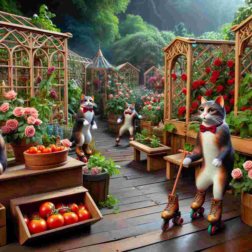 Imagine an enchanting scene set in a lush allotment garden, replete with wooden planters bursting with ripe tomatoes and blooming roses. Whizzing through this picturesque setting are the stars of our depiction - tuxedo cats donning mini bow ties, on inline skates, adding a surreal touch to this otherwise realistic scene. Hand-carved wooden benches and trellises, intricately detailed, serve as the perfect backdrop to this unique Valentine's Day gathering. The scene expertly straddles the line between whimsy and reality, thus making it charmingly unforgettable.
Generated with these themes: Tuxedo cats , Inline skating , Allotment , and Woodwork .
Made with ❤️ by AI.