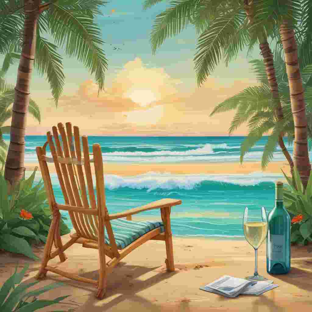 Illustration Cute, Visualize a tranquil, tropical beach landscape with a clear view of turquoise sea waters and a golden sunset illuminating the horizon. In the foreground, there is a comfortable beach chair placed next to a petite bamboo table. On the table, an elegant wine glass and a wine bottle with a tag reading 'To the Best Dad' can be seen. Sea waves lightly touch the shore, bringing along seashells that are creatively arranged to form a treble clef symbol, a nod to the music industry. The theme of Father's Day is further emphasized with vibrant parrots adorned with miniature guitars and headphones flying overhead against the backdrop of the sunset sky.
Generated with these themes: Music industry, Exotic beach, and Wine.
Made with ❤️ by AI.