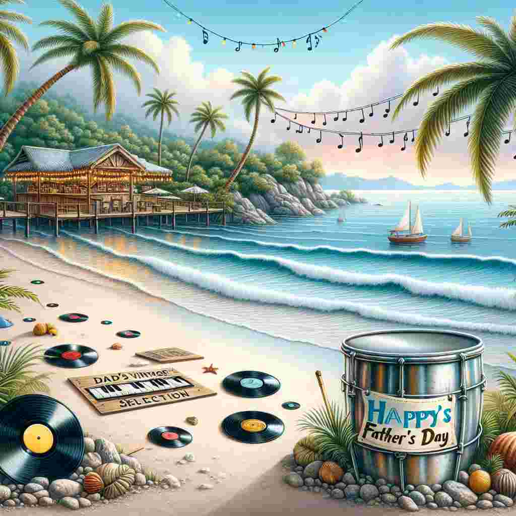 A whimsical illustration for Father's Day showcasing an exotic beach environment infused with musical elements. Found at the center, on the clean, sandy coast, is a steel drum graced with a banner saying 'Happy Father's Day.' Around the water's edge, partially buried vintage vinyl records subtly represent the music industry while the calm waves brush against them. In the distance, a charming wooden bar is seen offering an array of wines, signposted as 'Dad's Vintage Selection.' Palm trees sway in synchrony with the gentle sea breeze, adorned with strings of musical notes, suggesting a musical atmosphere that seems to flow through the very wind of this tranquil coastal paradise.
Generated with these themes: Music industry, Exotic beach, and Wine.
Made with ❤️ by AI.