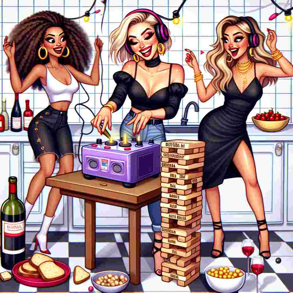 A playful birthday-themed illustration shows a fun 'Kitchen Disco' scene. A joyous Caucasian woman, standing at 5ft 8" with short blond hair and stylish black clothing, is enthusiastically curating the playlist. Two of her friends, one a 5ft 3" Hispanic woman with sun-kissed highlighted hair, and the other a 5ft 2" Middle-Eastern woman with luxurious wavy Baliage locks, both enjoy the rhythm. The festive atmosphere includes wine bottles and an assortment of snacks around a teetering Jenga tower. The tower sways to the beat, adding suspense and fun to the celebration.
Generated with these themes: Music, Kitchen disco, A 5ft 8" 43 year old woman with short blond hair wearing black, A 5ft 3" 44 year old woman with medium length straight light brown hair with blonde highlights, A 5ft 2" 40 year old woman with long wavy Baliage hair, Alcohol including wine, Snacks, and Jenga.
Made with ❤️ by AI.