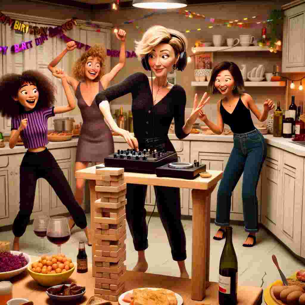 A whimsical birthday scene portrays a 5ft 8" Caucasian 43-year-old woman with short blond hair, donned in black, acting as the DJ for a 'Kitchen Disco.' She is curating a comical mix of music that has her two friends, a 5ft 3" Hispanic 44-year-old woman with light brown hair and blonde highlights, as well as a 5ft 2" Asian 40-year-old woman with long wavy Baliage hair, dancing gleefully amidst a variety of wine and ranged snacks. The room is filled with laughter as each takes turns at a wobbly Jenga game, every block's removal prompting a more ridiculous dance move.
Generated with these themes: Music, Kitchen disco, A 5ft 8" 43 year old woman with short blond hair wearing black, A 5ft 3" 44 year old woman with medium length straight light brown hair with blonde highlights, A 5ft 2" 40 year old woman with long wavy Baliage hair, Alcohol including wine, Snacks, and Jenga.
Made with ❤️ by AI.