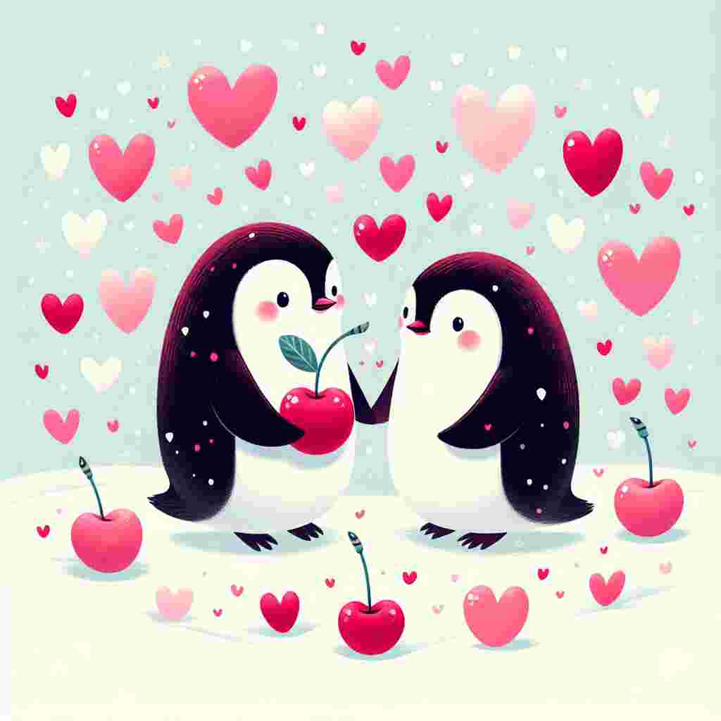Create a whimsical illustration for Valentine's Day, featuring a pair of penguins standing close together, encircled by a scattering of vibrant red and soft pink hearts. Each penguin clutches a ripe cherry in their flippers, as though they're presenting it to each other. The backdrop for this scene is a light pastel palette, with subtle snowflakes enhancing the sensation of a chilly, but affectionate, love-enriched atmosphere.
Generated with these themes: Penguins, and Cherrys.
Made with ❤️ by AI.