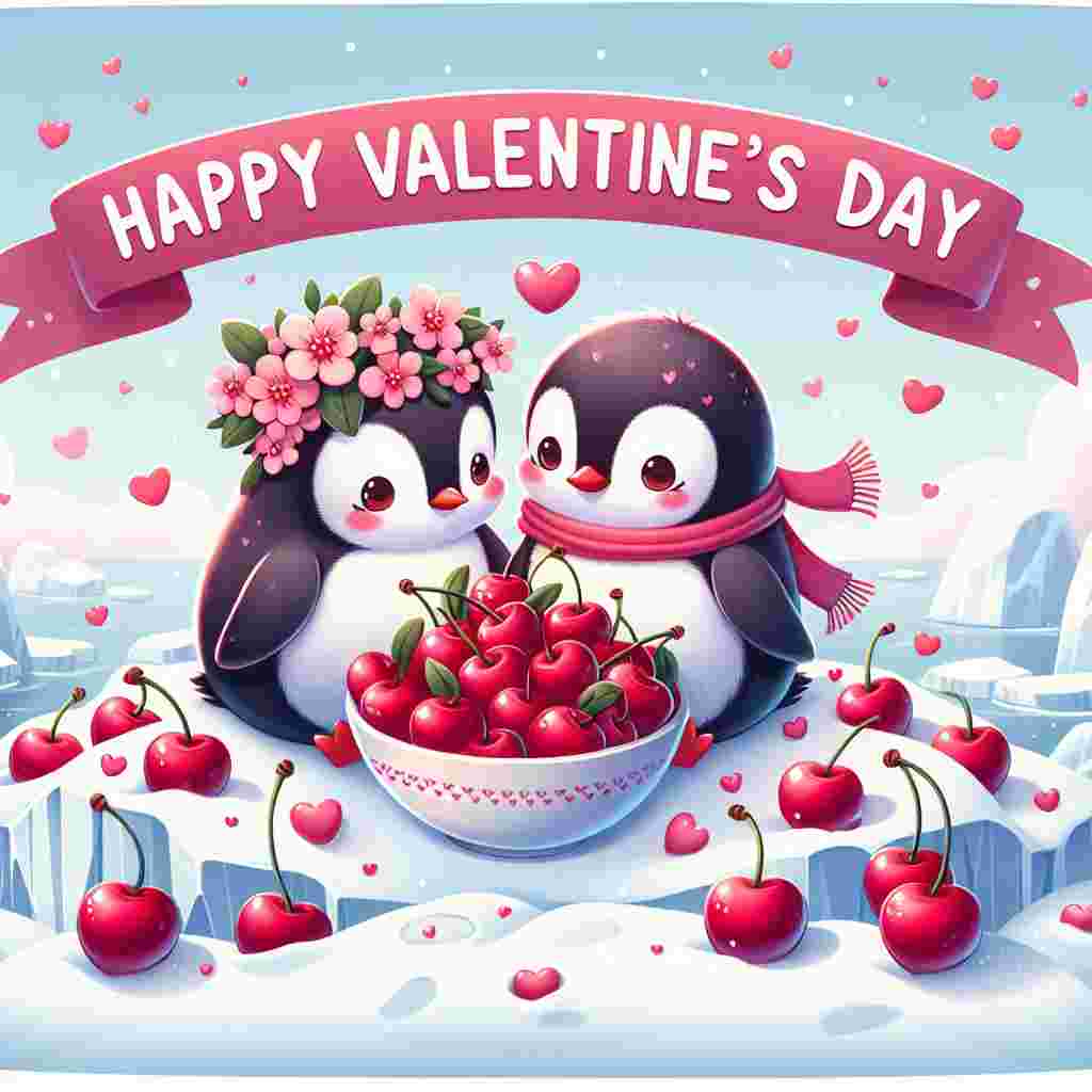 For Valentine's Day, create an endearing illustration showing a pair of penguins resting on a snowy hillock. They are positioned in a way that they are separated by a bowl overflowing with luscious, red cherries. They are placed under an overhead banner that says 'Happy Valentine's Day', with letters designed to mirror the jovial and adorable atmosphere. The icy panorama is sprinkled with mini hearts, bestowing a romantic and jubilant ambiance to the overall composition.
Generated with these themes: Penguins, and Cherrys.
Made with ❤️ by AI.