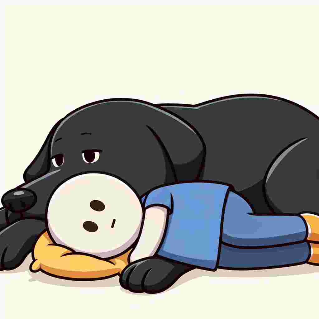 The picture depicts a nondescript cartoon character taking a peaceful nap, comfortably enveloped in the reassuring presence of a black-coated adult Labrador Retriever. The dog, with its brown eyes full of affection, takes on the role of a devoted guardian over the tranquil and adorable character, as they slumber blissfully.
.
Made with ❤️ by AI.