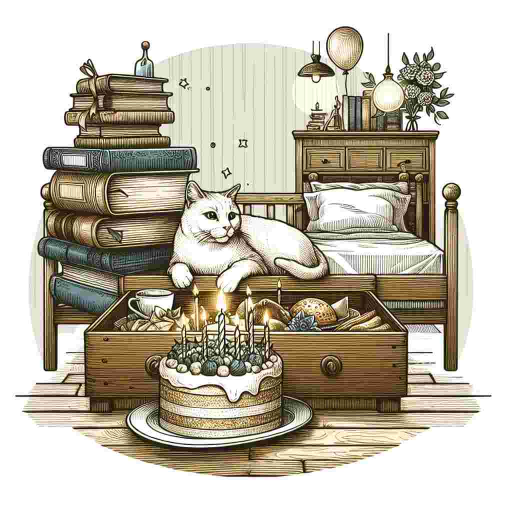 Create a tranquil and thoughtful birthday scene in an illustration. At the heart of the image, a cat rests on a stack of age-old books, representative of wisdom and serenity. Room decor include subtle birthday adornments that complement a variety of home-cooked meals dispersed on a wooden bed acting as a temporary table. Gentle illumination radiates throughout the room, emphasizing the calm commemoration of life's journey.
Generated with these themes: Cats, Books, Food, and Bed.
Made with ❤️ by AI.
