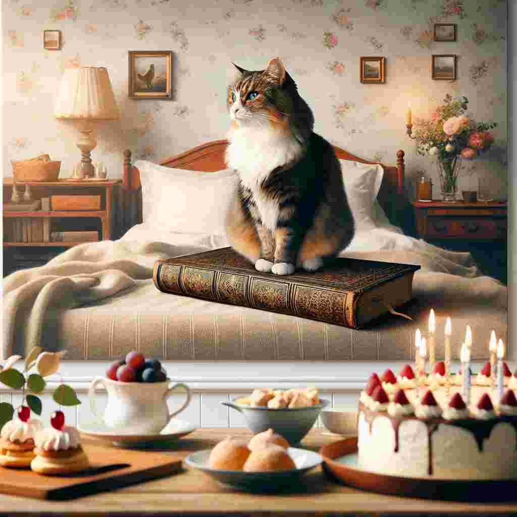 Create an image demonstrating a serene birthday scene. The setting is a calming room where a poised cat sits elegantly on an aged book, symbolizing a life filled with rich narratives. Surrounding this feline character is a humble birthday spread of comforting culinary treats arranged on a quaint bed, blending ordinary life with festive spirit. The image conveys an overarching tone of tranquility and introspection.
Generated with these themes: Cats, Books, Food, and Bed.
Made with ❤️ by AI.