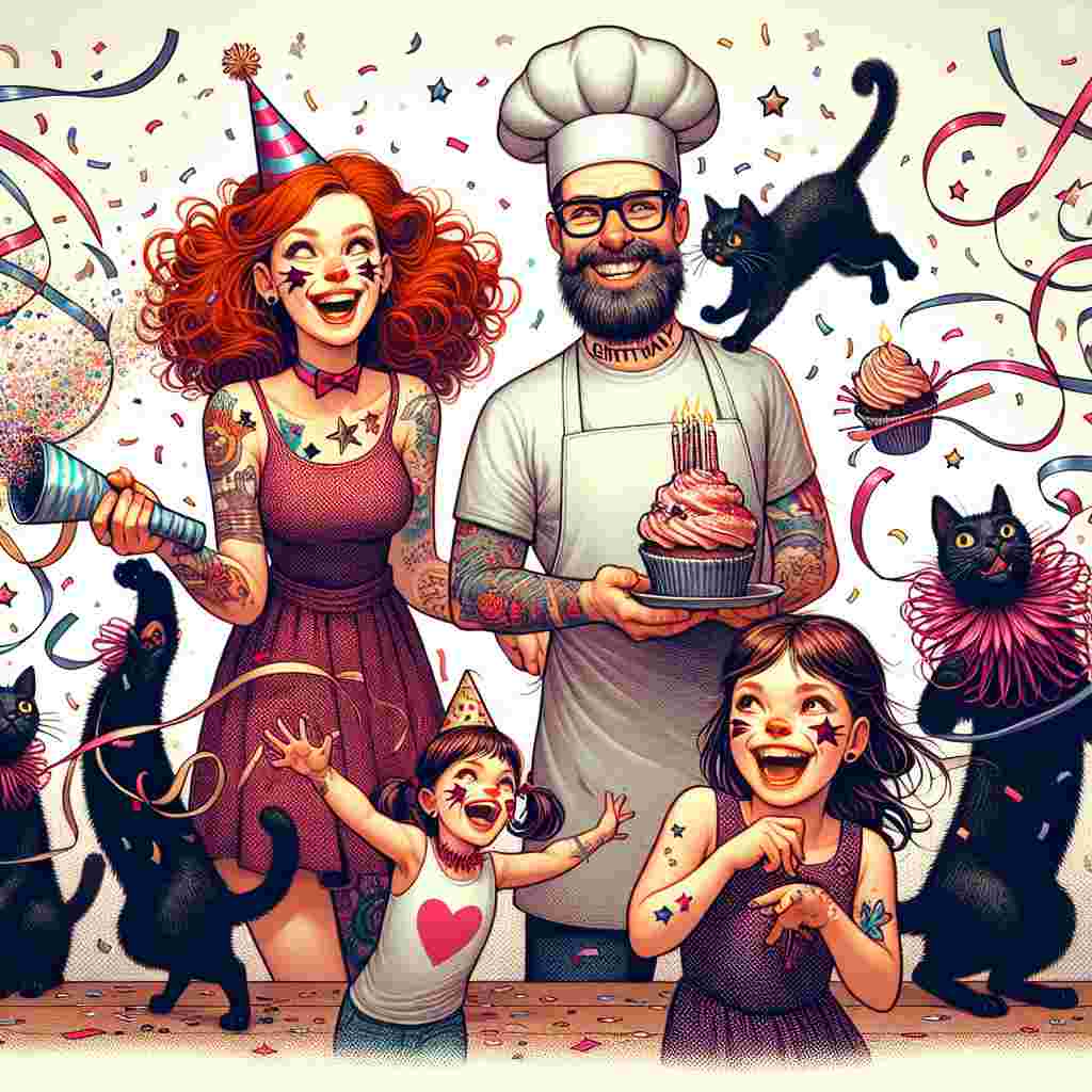 Create a festive illustration with a birthday theme, showing a scene filled with humor and celebration. In this scene, there are two black cats in the foreground, one with a confetti popper in its mouth and the other caught in a tangle of ribbons. Further back, a father wearing glasses and a chef's hat, a faux tattoo choker around his neck, is holding a delicious-looking cupcake high. The man's daughters are there too: The older one is an 8-year-old with fiery red curls and star-shaped temporary tattoos on her cheeks. The younger girl, only 4, has deep brown hair and a temporary butterfly tattoo on her wrist. Both girls are laughing, running after the cats, their hands filled with birthday streamers.
Generated with these themes: Two black cats, Chef husband with glasses, 8 year old daughter with red hair, 4 year old daughter with brown hair, and Tattoos.
Made with ❤️ by AI.