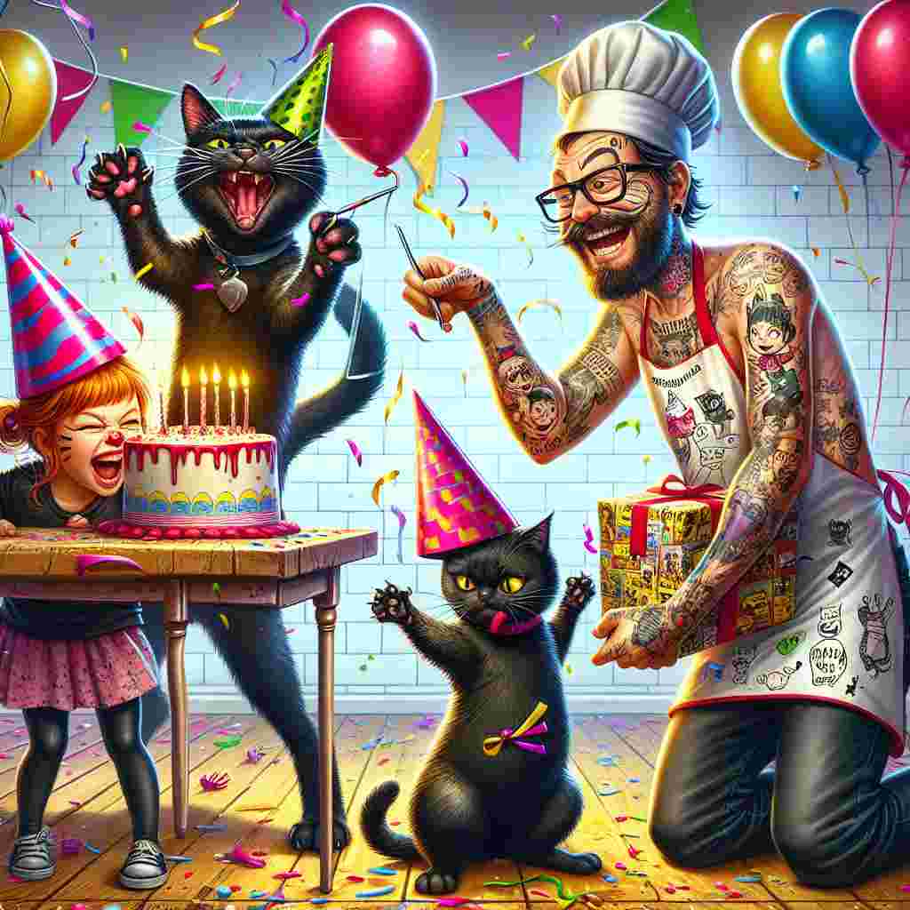 Create a lively, humorous image that captures a vibrant birthday party. In the center of the scene, two playful black cats wearing party hats are engaged in jovial activities: one has a balloon tied to its tail while the other is busy batting at streamers. A man with a chef's hat and apron, bespectacled, and wearing a temporary tattoo sleeve, joyfully sprinkles confetti around, his face give away his amusement. Beside him, the birthday girl, a red-haired 8-year-old girl with tattoos on her arms, is blowing out candles on a dramatically oversized, fantastical cake. Her little sister, a 4-year-old girl with brown hair, is completely engrossed in unwrapping a gift covered in comic-strip paper, with her face painting of cat whiskers adding an extra touch of amusement to the festivities.
Generated with these themes: Two black cats, Chef husband with glasses, 8 year old daughter with red hair, 4 year old daughter with brown hair, and Tattoos.
Made with ❤️ by AI.
