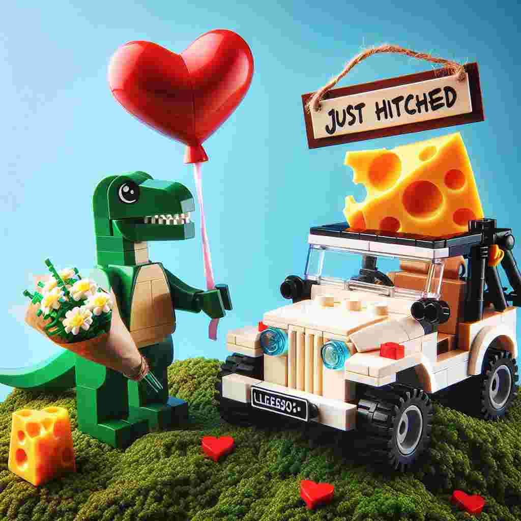Create an image of an amusing and touching tableau where a Lego-build dinosaur, smitten, is holding a bouquet made of cheese. standing next to a Jeep that has a 'Just Hitched' sign dangling on its back. Heart-shaped balloons bob in the sky above the automobile, which is situated atop a verdant hill. The dinosaur is adding to the romantic jest by arranging Lego pieces into a heart shape, playing off the playful and cheesy essence of Valentine's Day.
Generated with these themes: Dinosaur, Lego, Jeep, and Cheese.
Made with ❤️ by AI.