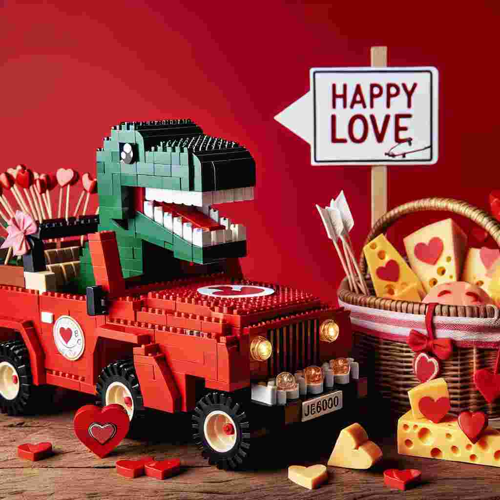 A fanciful display of a Valentine's Day moment featuring a dinosaur smiling joyously, constructed from building blocks, playfully positioned in a vivid red Jeep. The vehicle is decorated with emblems of love. It is situated at the ideal location for a picnic. Next to it is a picnic basket, brimming with a variety of cheese pieces, each humorously sculpted into various representations of love, including heart shapes and Cupid's arrows.
Generated with these themes: Dinosaur, Lego, Jeep, and Cheese.
Made with ❤️ by AI.