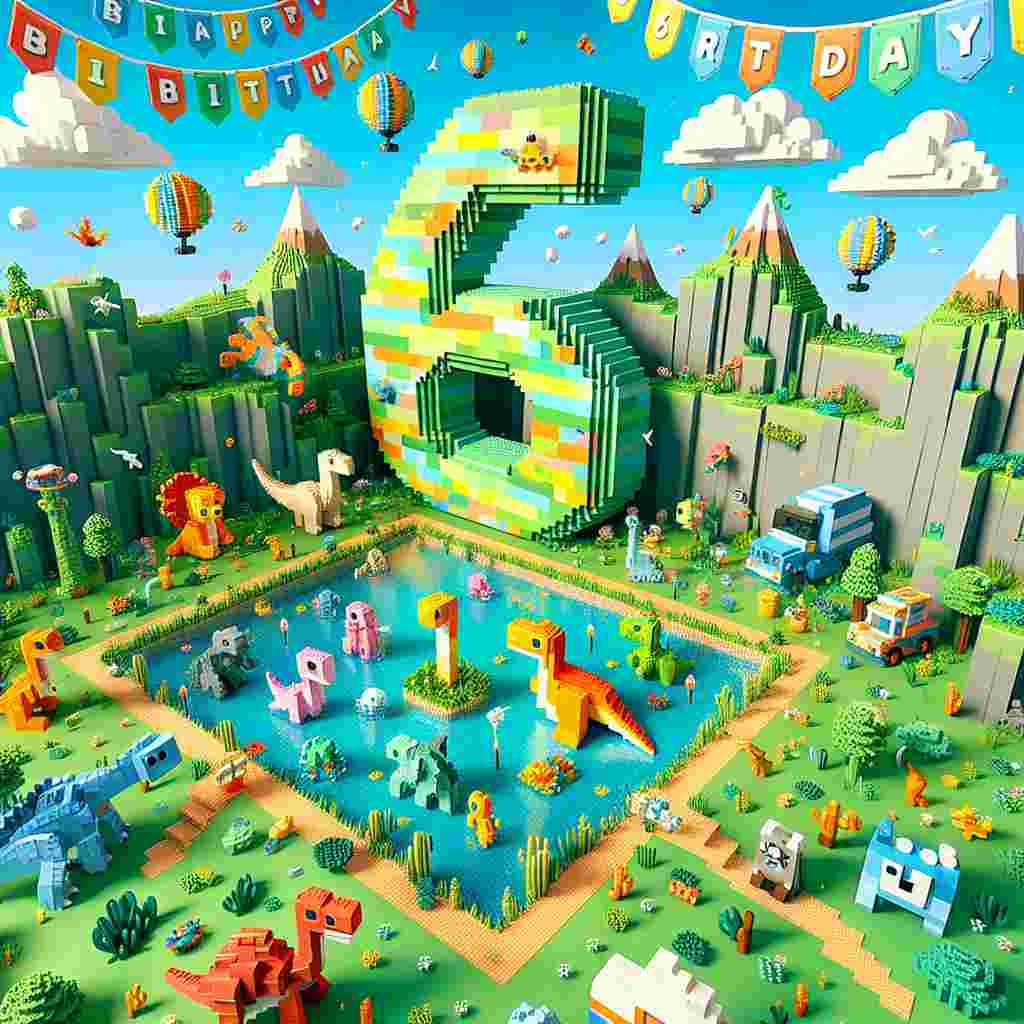 Imagine a delightfully cute cartoon birthday scene immersed in a playful, prehistoric Lego theme. Centered, picture a vibrant, saturated green landscape serving as the mesmerizing backdrop, featuring blocky figures and decor inspired by a pixelated universe similar to Minecraft. Prominently placed in the landscape, envision a colossal number '6' assembled from colorful interlocking Lego bricks. Surrounding it, various prehistoric creatures and flora, all designed in a charming and engaging cartoonish style, seem to come to life. Dotted overhead, envision birthday banners fluttering in the digital breeze, completing this fusion of childlike whimsy and daring adventure, perfectly tailored for a six-year-old's celebration.
Generated with these themes: Jurassic lego, 6, Green, and Minecraft.
Made with ❤️ by AI.