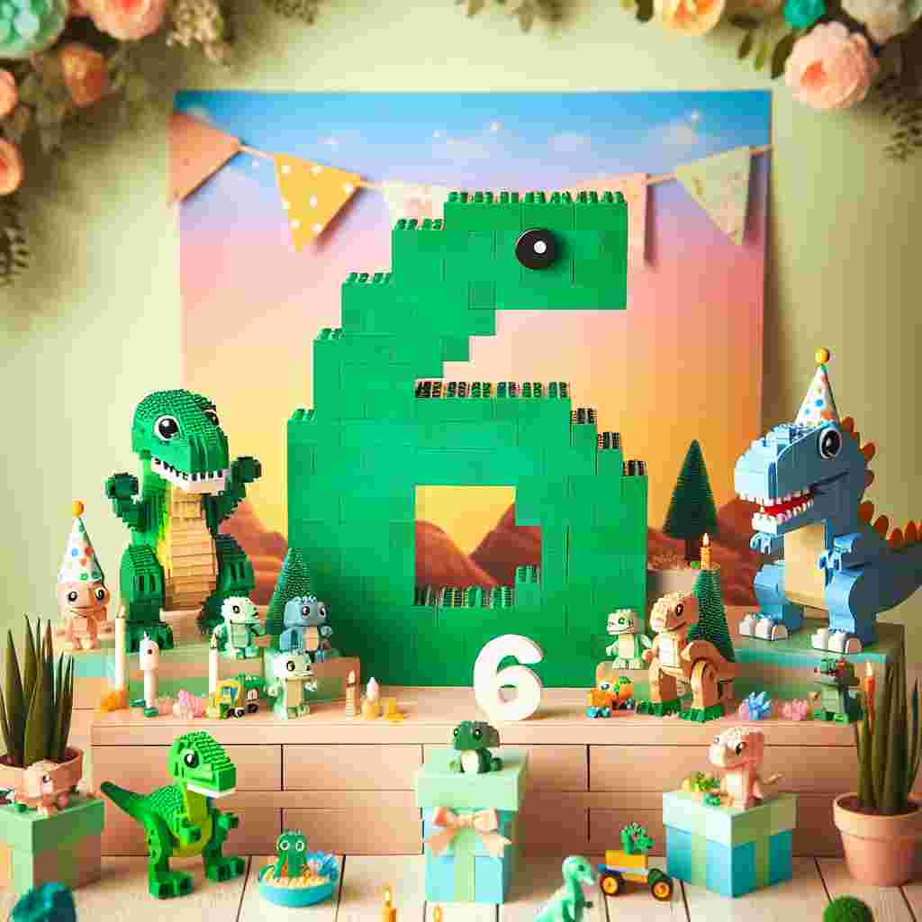 A birthday tableau that encapsulates the spirit of childhood wonder. It combines the charm of a cute, playful aesthetic with the thrill of dinosaur-themed Lego elements. A prominent green number '6' made from Lego blocks takes center stage in a setting reminiscent of pixelated design found in block-building games, suggestive of the birthday child's age. Friendly Lego dinosaur figures contribute an element of prehistoric fun. Complementing the scenario are decorations styled in bright colors and gentle shapes, which lend the setting a warm, celebratory ambiance, ideal for a jubilant, kid-friendly party atmosphere.
Generated with these themes: Jurassic lego, 6, Green, and Minecraft.
Made with ❤️ by AI.