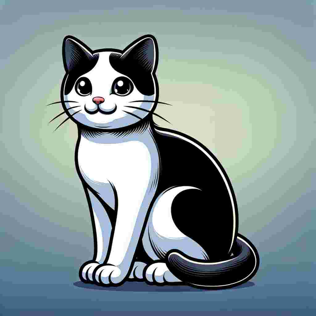 In a surreal, stylized cartoon world, a black and white Domestic Shorthair Cat sits with a content expression. The cat exhibits a standard build which conveys a sense of poise and comfort. Although we can't see the color of its eyes, the rest of the cat's attributes are outlined and detailed with care, including the reflective shine of its bi-colored fur and the smooth lines that shape its serene posture.
.
Made with ❤️ by AI.