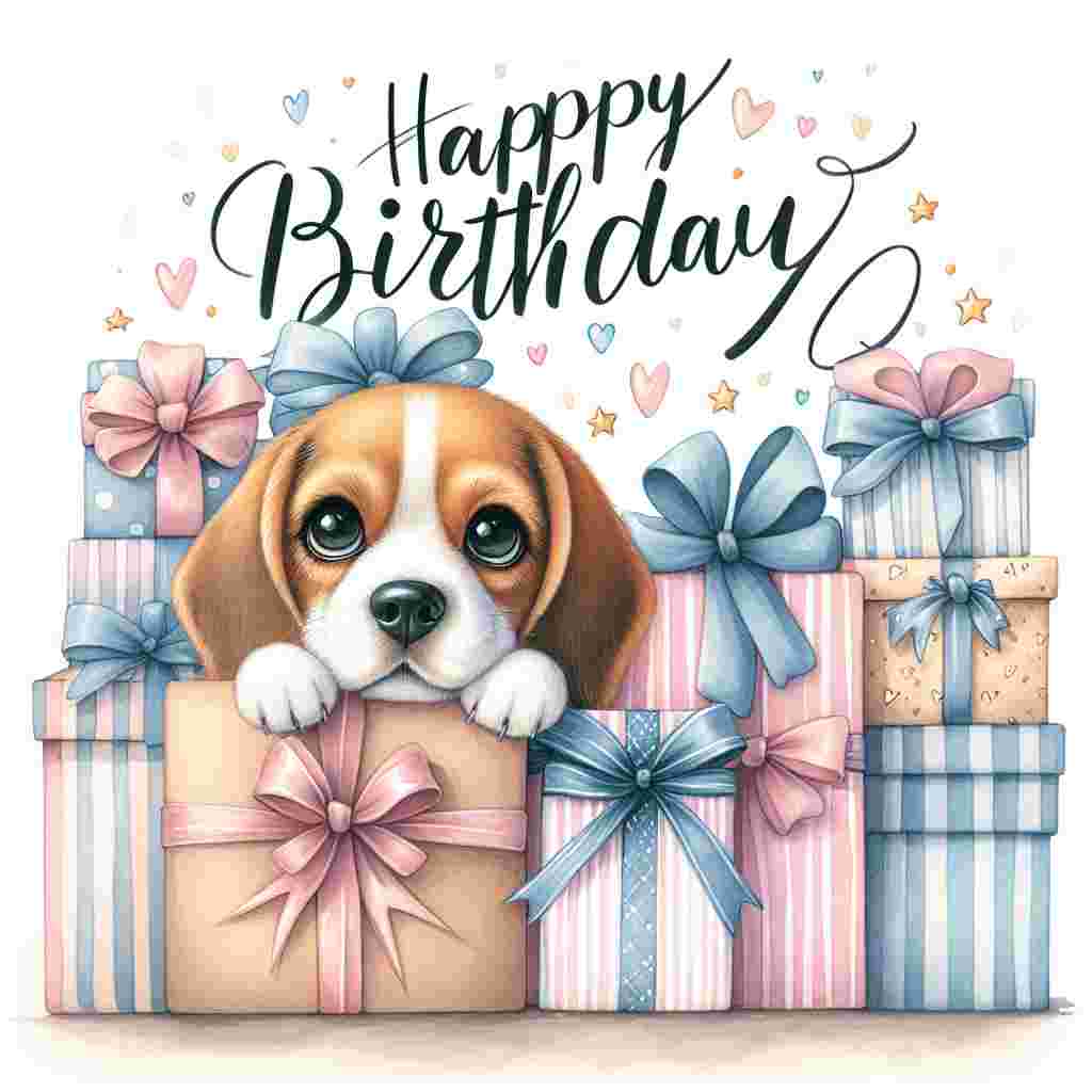 A soft watercolor illustration shows a beagle peeking out from behind a mountain of gifts, its big puppy eyes adding to the cuteness. 'Happy Birthday' is elegantly scripted in cursive across the top, surrounded by little drawn hearts and stars.
Generated with these themes: Beagle  .
Made with ❤️ by AI.