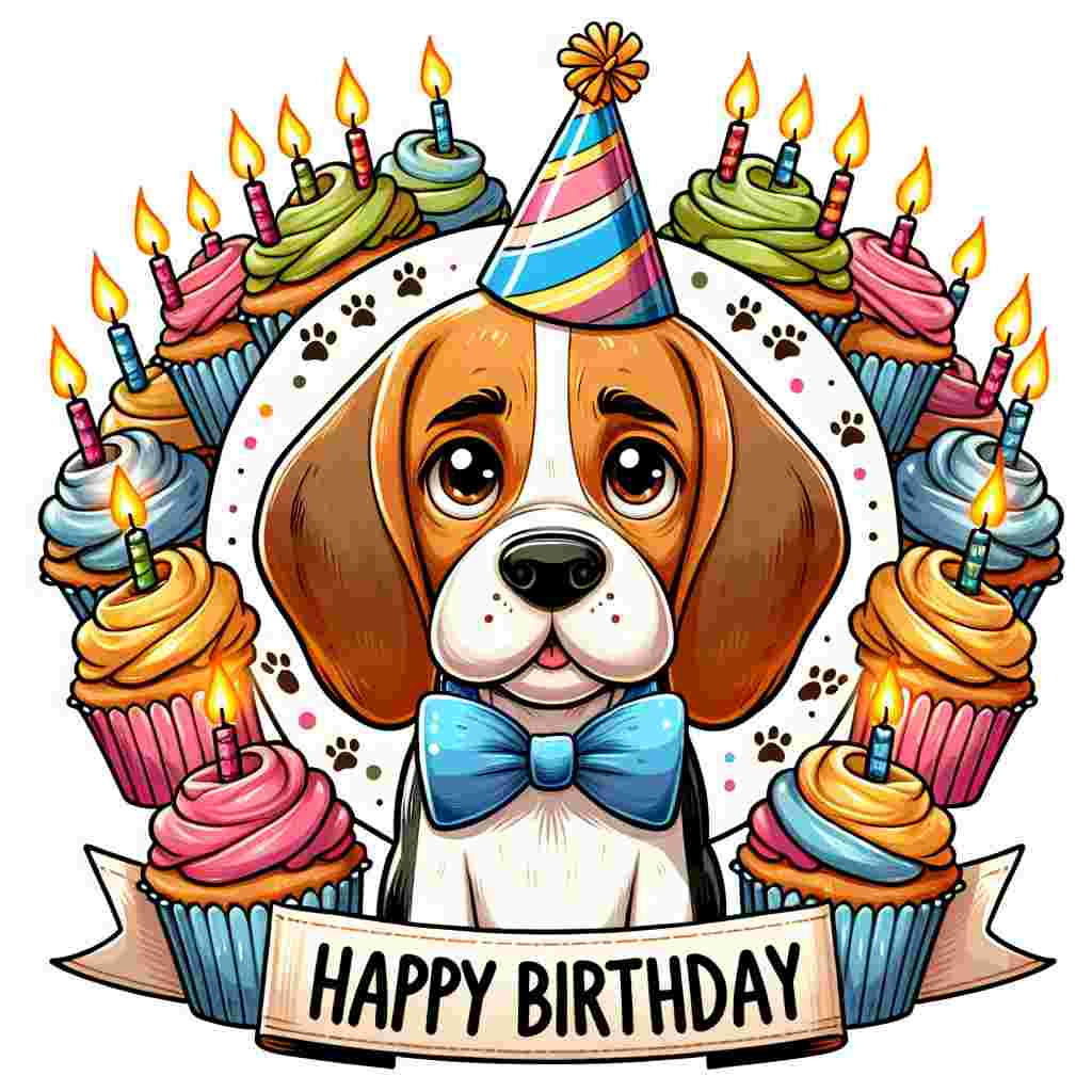An animated beagle with a cute bow tie is surrounded by a circle of delightful cupcakes and birthday candles. Cartoonish 'Happy Birthday' text is centered in the illustration, with tiny paw prints decorating the corners of the scene.
Generated with these themes: Beagle  .
Made with ❤️ by AI.