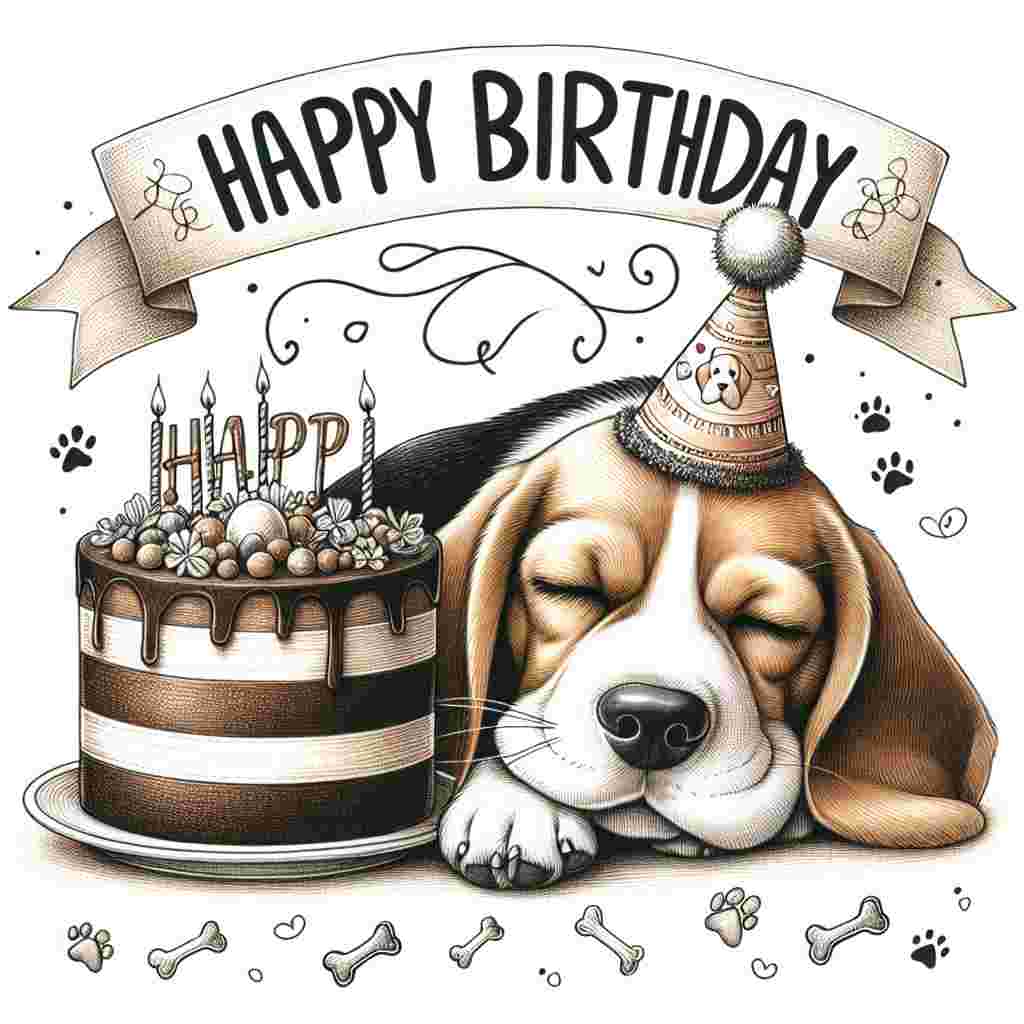 The scene depicts a chubby beagle asleep with a birthday hat on, snuggled up next to a large birthday cake. 'Happy Birthday' is written in a large, friendly font, draping over the image like a banner, with small doodles of bones and paw prints scattered around.
Generated with these themes: Beagle  .
Made with ❤️ by AI.