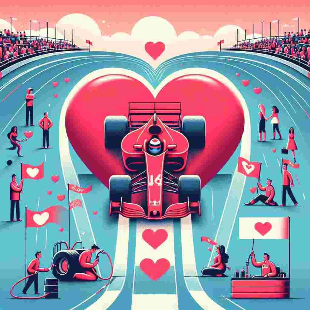 Create a Valentine's Day illustration with a central focus on a vibrant red heart, stylized like a Formula 1 racing car, speeding on a winding track. The track should have cheering couples along the sides, waving flags decorated with love symbols. Ensure equal representation of various descents and genders among the couples. Include pit stops featuring mechanics composed of animals expressing camaraderie. Set the entire scene against the backdrop of a pastel sky dotted with clouds. In the distant horizon, there should be an outline of a grandstand filled with affectionate spectators.
Generated with these themes: formula 1.
Made with ❤️ by AI.