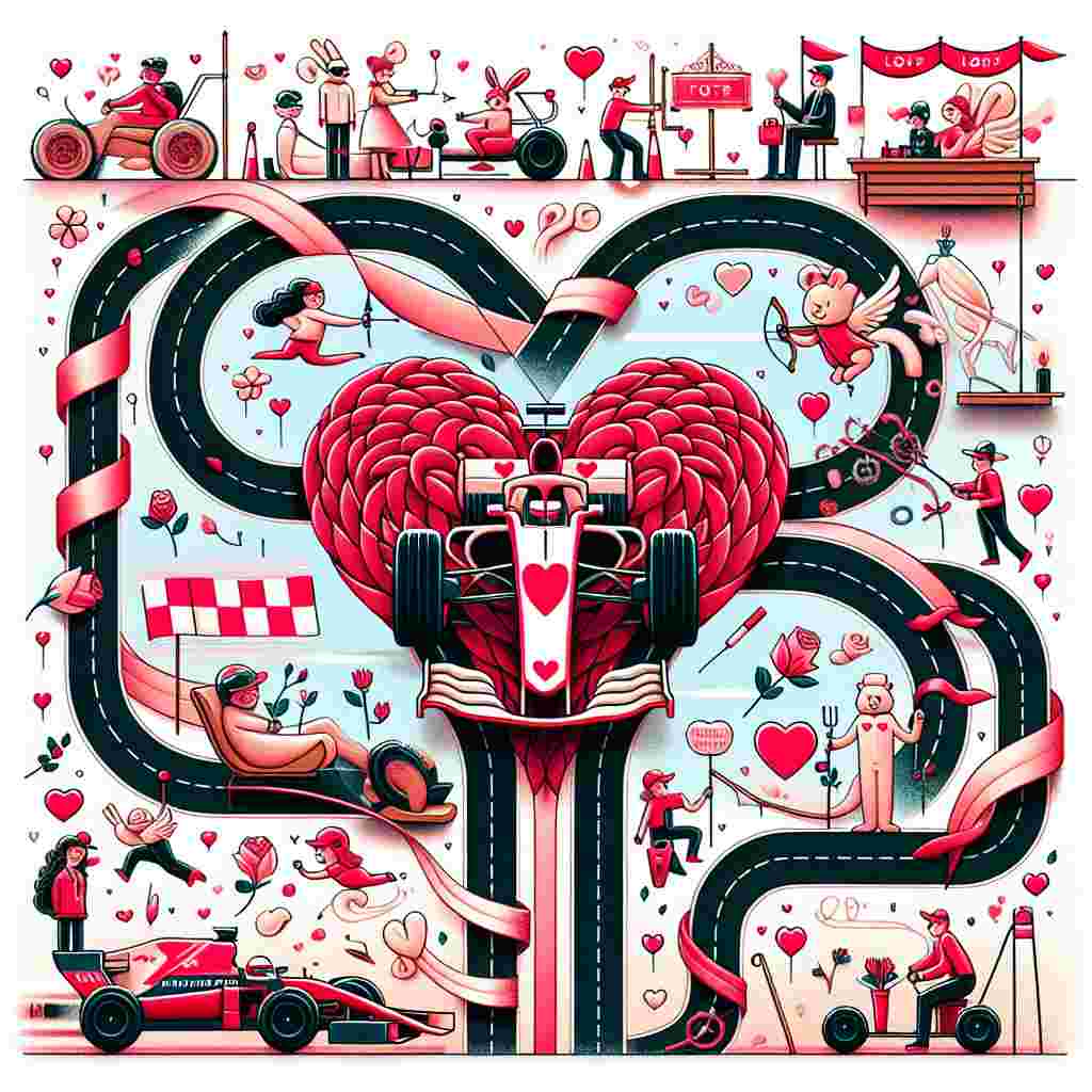 Create a charming Valentine's Day illustration that combines romance with the excitement of racing. The central focus is a bold, heart-shaped Formula 1 car speeding along a racetrack formed from intertwined ribbons, representing the path of love. Amusing characters such as rabbits and bears, garbed in racing attire, contribute to the pit crew and audience, providing humor and warmth. Each segment of the track hosts delightful vignettes, like a pit stop for a tire change, where tires are swapped with fresh, blushing roses. Above, figures resembling Cupid glide by, dragging banners with sweet quotes and leaving a trail of heart-shaped exhaust behind.
Generated with these themes: formula 1.
Made with ❤️ by AI.
