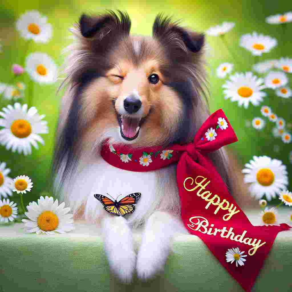 A charming Shetland Sheepdog winks playfully on a soft green background dotted with daisies. It's wearing a red birthday scarf with 'Happy Birthday' stylishly written along the side. A butterfly perches on the end of the scarf, adding a touch of whimsy to the scene.
Generated with these themes: Shetland Sheepdog  .
Made with ❤️ by AI.