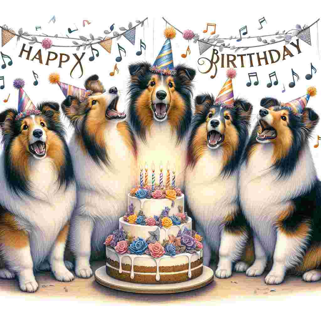 On this birthday illustration, a family of Shetland Sheepdogs wear birthday hats, seated around a cake with candles. They appear to be singing as a music note garland sways above them. The center of the card spotlights 'Happy Birthday' in festive, elegant typography.
Generated with these themes: Shetland Sheepdog  .
Made with ❤️ by AI.