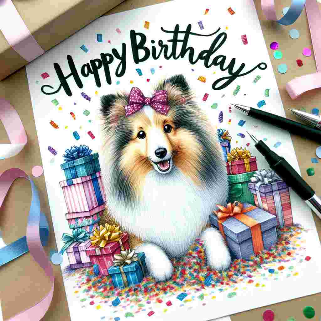 An adorable scene where a fluffy Shetland Sheepdog sits amidst a pile of birthday presents. It gazes up with sparkling, joyful eyes as it’s surrounded by confetti. Overhead, the words 'Happy Birthday' are inscribed in a playful, hand-drawn script.
Generated with these themes: Shetland Sheepdog  .
Made with ❤️ by AI.