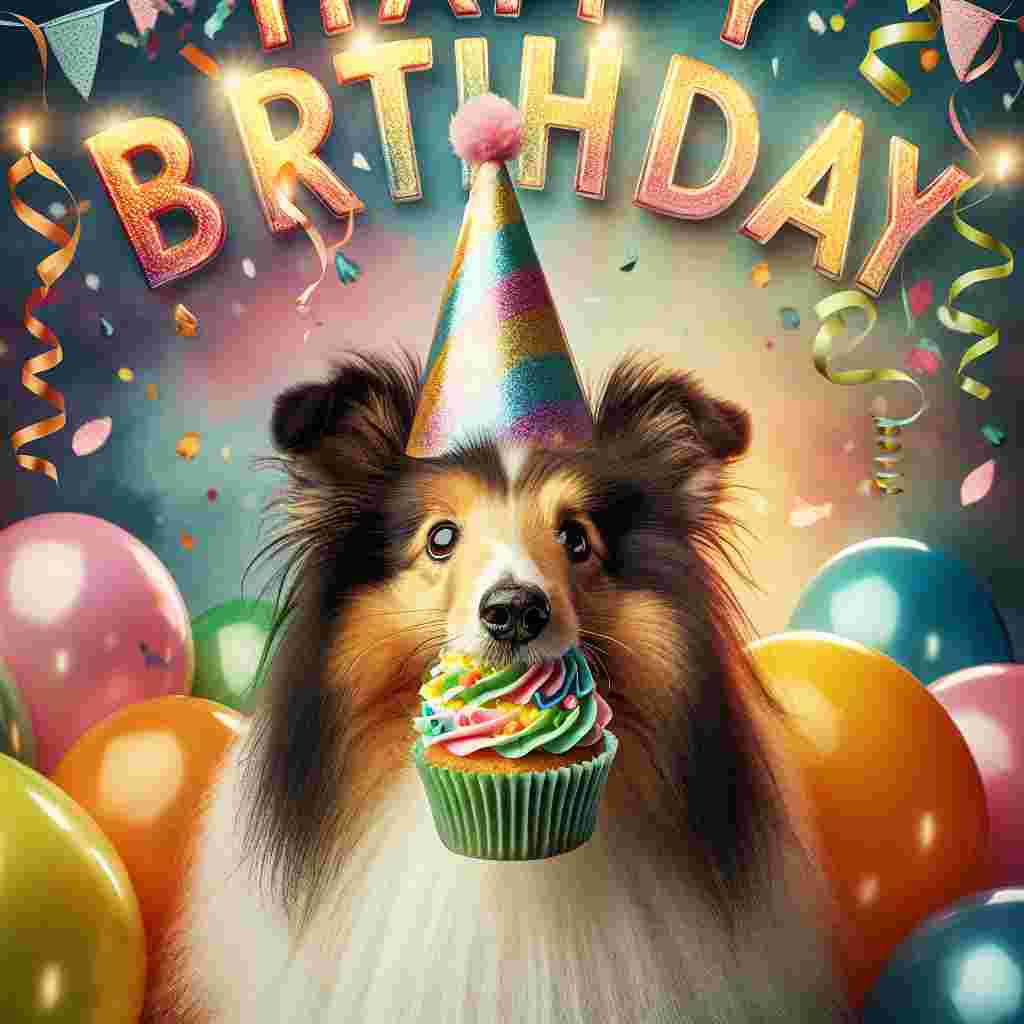 A whimsical birthday card featuring a Shetland Sheepdog donning a colorful party hat. Balloons and streamers float in the background while the dog holds a frosted cupcake in its mouth. Above, in cheerful, bubbly letters, reads 'Happy Birthday'.
Generated with these themes: Shetland Sheepdog  .
Made with ❤️ by AI.