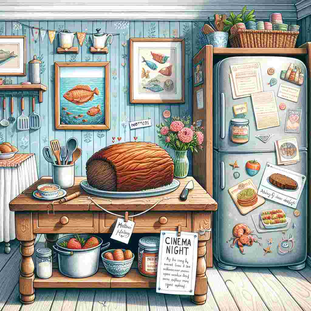 Create a heartwarming illustration for a maternal holiday that captures the essence of a quaint, homey kitchen. At the center should be a robust wooden table, sporting a carefully cooked meatloaf which is the star of the scene, with various cookery tools and recipe manuals in the vicinity, signifying a mother's conscientious effort. Adorn the walls with decorations inspired by marine life, a testament to her gastronomic prowess. Add a charming, self-crafted 'Cinema Night' poster attached to the refrigerator, indicating the family's custom of enjoying film nights collectively.
Generated with these themes: Meat, Fish, Working, and Cinema.
Made with ❤️ by AI.