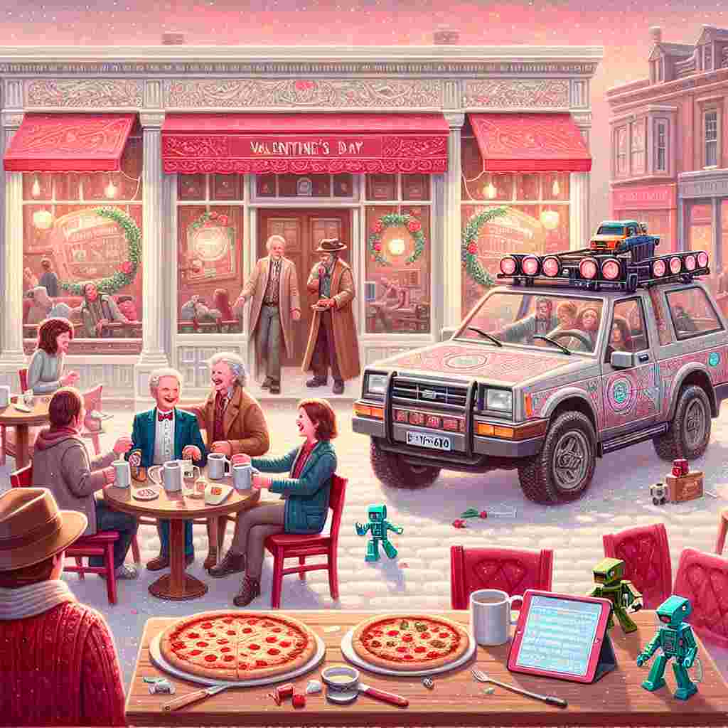 In this heartwarming Valentine's Day themed artwork, a backdrop of soft blush tones and vibrant reds enhances a scene centered around a whimsical cafe. Inside, characters resembling time-traveling adventurers from a famous TV show share laughter over mugs filled with coffee, their expressions detailed with careful brushstrokes. Parked outside is an SUV of a generic brand, decorated with intricate designs of Indo-European origin and construction toy figurines whimsically stationed on the dashboard, hinting at an adventure waiting to unfold. A tablet rests on one of the tables, displaying a screen filled with romantic song titles, while an appetizing pizza sits ready to be enjoyed by all. The whole panorama bathes in a jovial, lighthearted atmosphere, embodying a celebration of love and friendship.
Generated with these themes: Coffee, "doctor who", "Dacia Duster", Pizza, Ipad, Lego, and Paisley.
Made with ❤️ by AI.