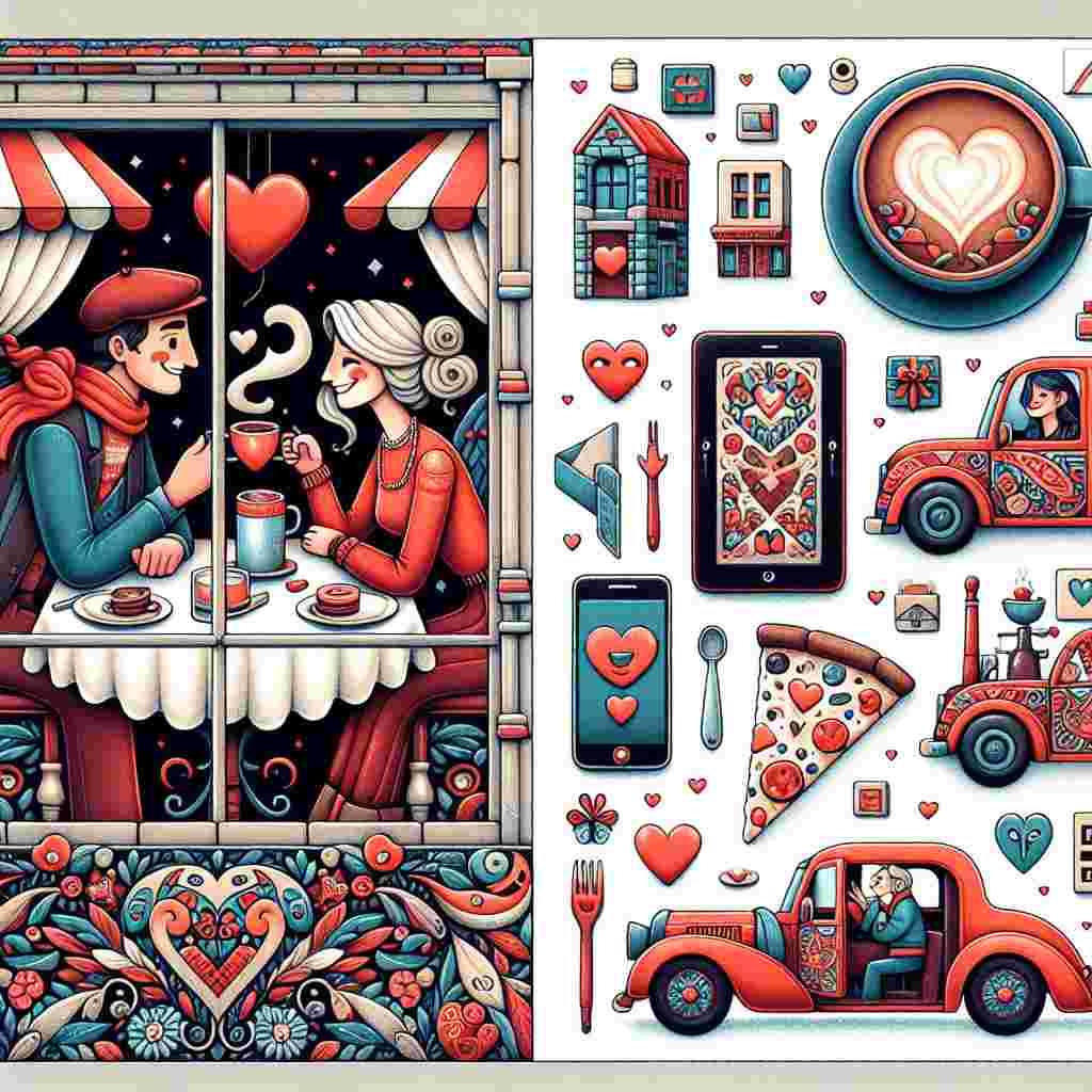 A quaint illustration that tells a tale of love centered around a cozy coffee shop. Patrons of diverse descents and genders sip on their hot beverages from mugs adorned with hearts, portrayed in a delightful, stylized form inspired by early 20th-century cartoon aesthetics. Outside the picture window rests a striking red car, adorned in whimsical paisley patterns, tying in elements of adventure and romance. Scattered in the scene are elements made from building blocks, symbolizing love being built piece by piece. A digital tablet showcases a heartwarming electronic message and a slice of comforting pizza elegantly sits on a counter, adding a touch of familiarity to the romantic setting.
Generated with these themes: Coffee, "doctor who", "Dacia Duster", Pizza, Ipad, Lego, and Paisley.
Made with ❤️ by AI.