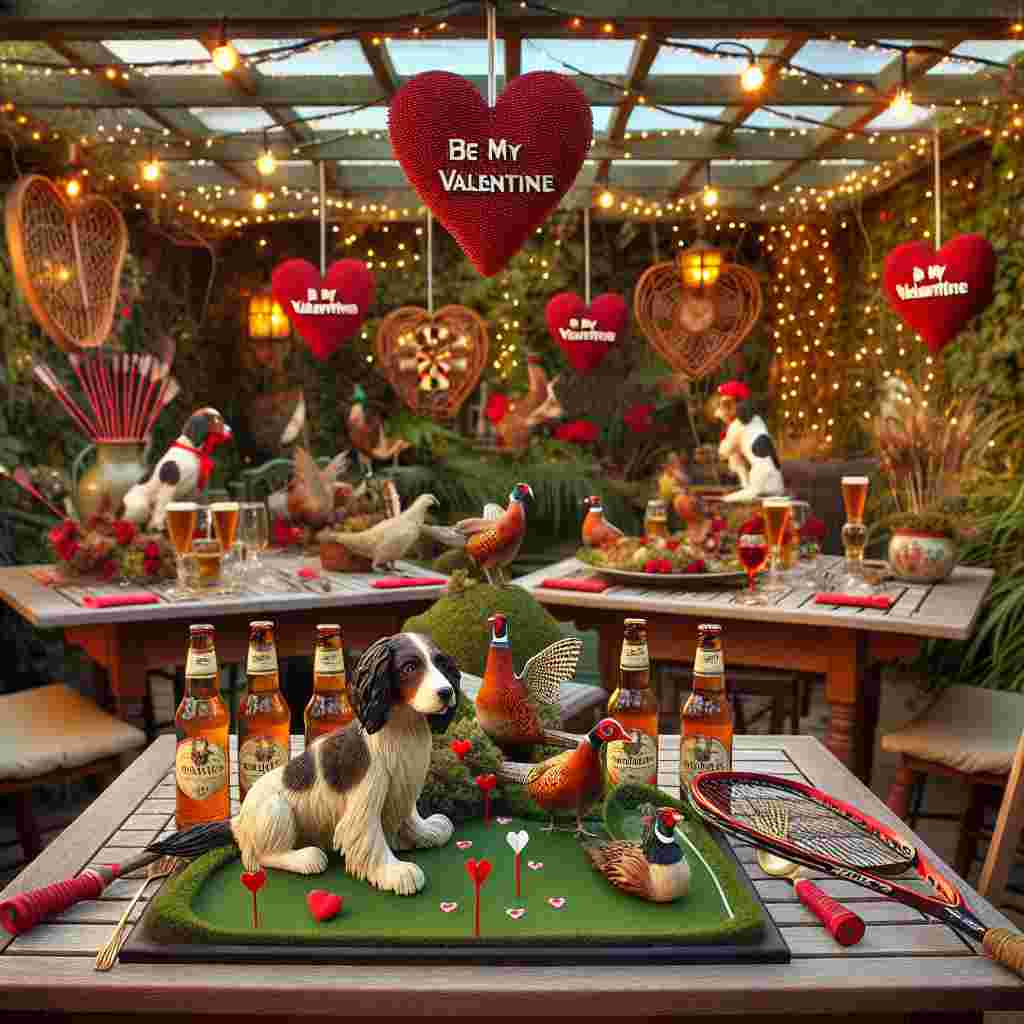 Imagine a cozy garden patio beautifully adorned for Valentine's Day celebration. The trellis overhead is embellished with twinkling fairy lights, creating a magical atmosphere. Each table is decorated with a unique centerpiece - an enchanting miniature scene of spaniels and pheasants, donned in Valentine's costumes, cheerfully playing around a tiny golf course with heart-shaped holes. A squash racket with crimson threads for strings leans against each table as a symbol of sportsmanship and enjoyment. Each table also boasts a selection of assorted craft beers, each with bespoke labels bearing 'Be My Valentine'. The dart flights have been replaced with tiny hearts, adding an element of whimsy and charm to the rustic and sporty ambiance. The scene is an amalgamation of romance, gamesmanship, and country charm, celebrating love in a uniquely playful manner.
Generated with these themes: Squash Racket, Spaniels , Pheasants, Golf, Beer, and Darts.
Made with ❤️ by AI.