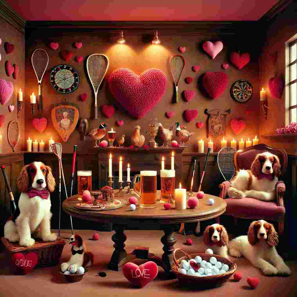 Visualize a snug, tranquil space filled with candlelight, seeped in warm shades of pink and red. Heart-shaped adornments embellish the walls. An antique wooden table occupies the center of the room, atop which lies a squash racket woven into a heart shape. Alongside it, plush representations of Spaniels and Pheasants nestle in a decorative basket, sporting petite bow ties and affection-filled smiles. The scene is ripe for an amorous dinner, comprising of icy cold beer served in dainty pilsner glasses, and golf balls and tees creatively arranged to express 'LOVE'. Tucked away in one corner, a dartboard paint a picture of hearty rivalry, with heart-shaped targets symbolizing the fun-filled and caring essence of Valentine's Day.
Generated with these themes: Squash Racket, Spaniels , Pheasants, Golf, Beer, and Darts.
Made with ❤️ by AI.