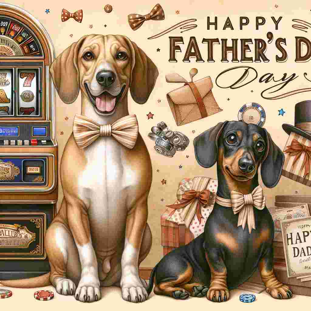 Create an image featuring a warm and cozy Father's Day theme. In the image, a cream-colored hound dog standing in the center, wearing a playful bow tie. Next to him, illustrate a group of cheerful slot machines decorated with masculine motifs such as ties and hats. In the foreground, a charming dachshund should be depicted lounging around, with a 'Happy Father's Day' greeting card held gently in its teeth. The surroundings should include scattered classic Father's Day gifts, such as watches and sunglasses.
Generated with these themes: Cream hound dog, Slot games, and Dachshund .
Made with ❤️ by AI.