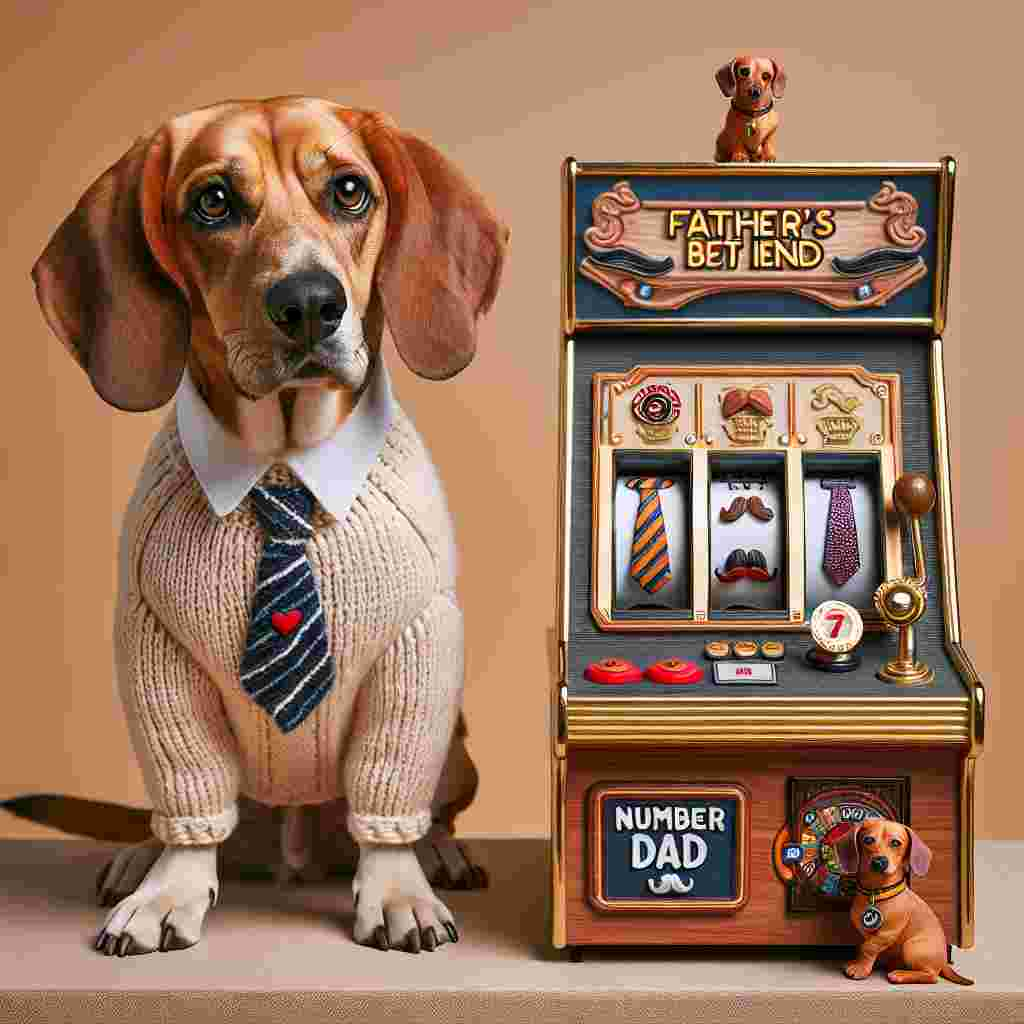 Generate an image that showcases a Father's Day theme. The main focal point is a hound dog with a cream-colored coat. The dog is sporting a lovingly knitted sweater that has 'Dad's Best Friend' embroidered on it. Adjacent to the dog is a miniature arcade-style slot game. Each lever of the slot game is adorned with tiny replicas of ties and mustaches. In the background, there is a playful dachshund, its tail held high in delight. An intricately designed 'Number 1 Dad' medallion hangs from its collar, adding a touch of canine charm to the Father's Day celebration.
Generated with these themes: Cream hound dog, Slot games, and Dachshund .
Made with ❤️ by AI.