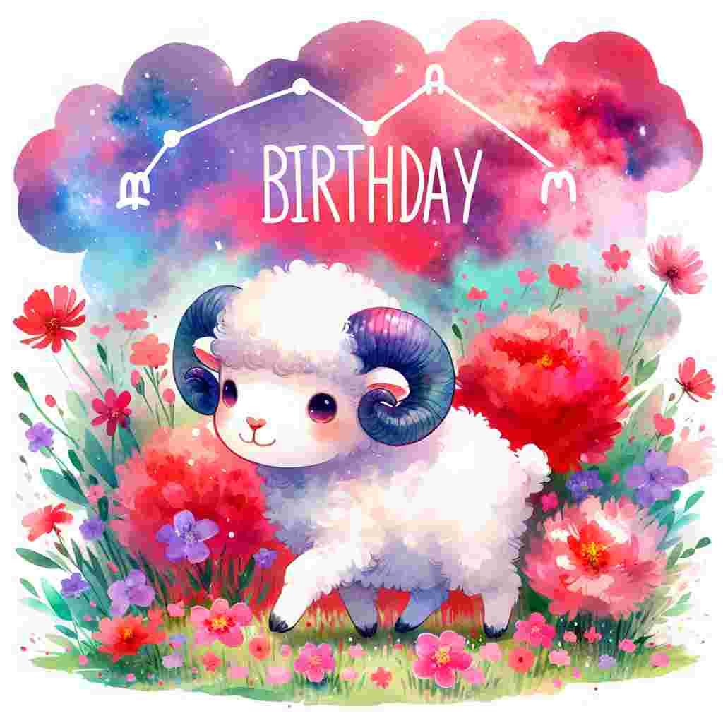 A playful watercolor painting of a sweet ram frolicking in a meadow filled with blooming red and pink flowers – the colors reflecting Aries' fiery nature. The words 'Happy Birthday' are whimsically integrated into the scenery, floating above on a cloud shaped like the Aries symbol.
Generated with these themes: Aries Birthday Cards.
Made with ❤️ by AI.