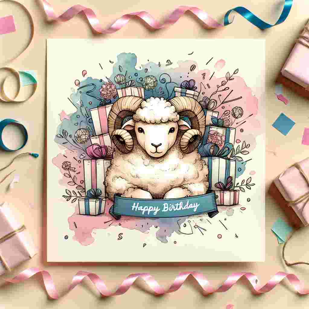 A charming pastel backdrop with a hand-drawn soft-hued ram sitting amidst a pile of birthday presents. Party streamers and confetti dot the edges of the scene, with a warm 'Happy Birthday' inscription in calligraphy, and a clear note of it being an Aries-themed card.
Generated with these themes: Aries Birthday Cards.
Made with ❤️ by AI.