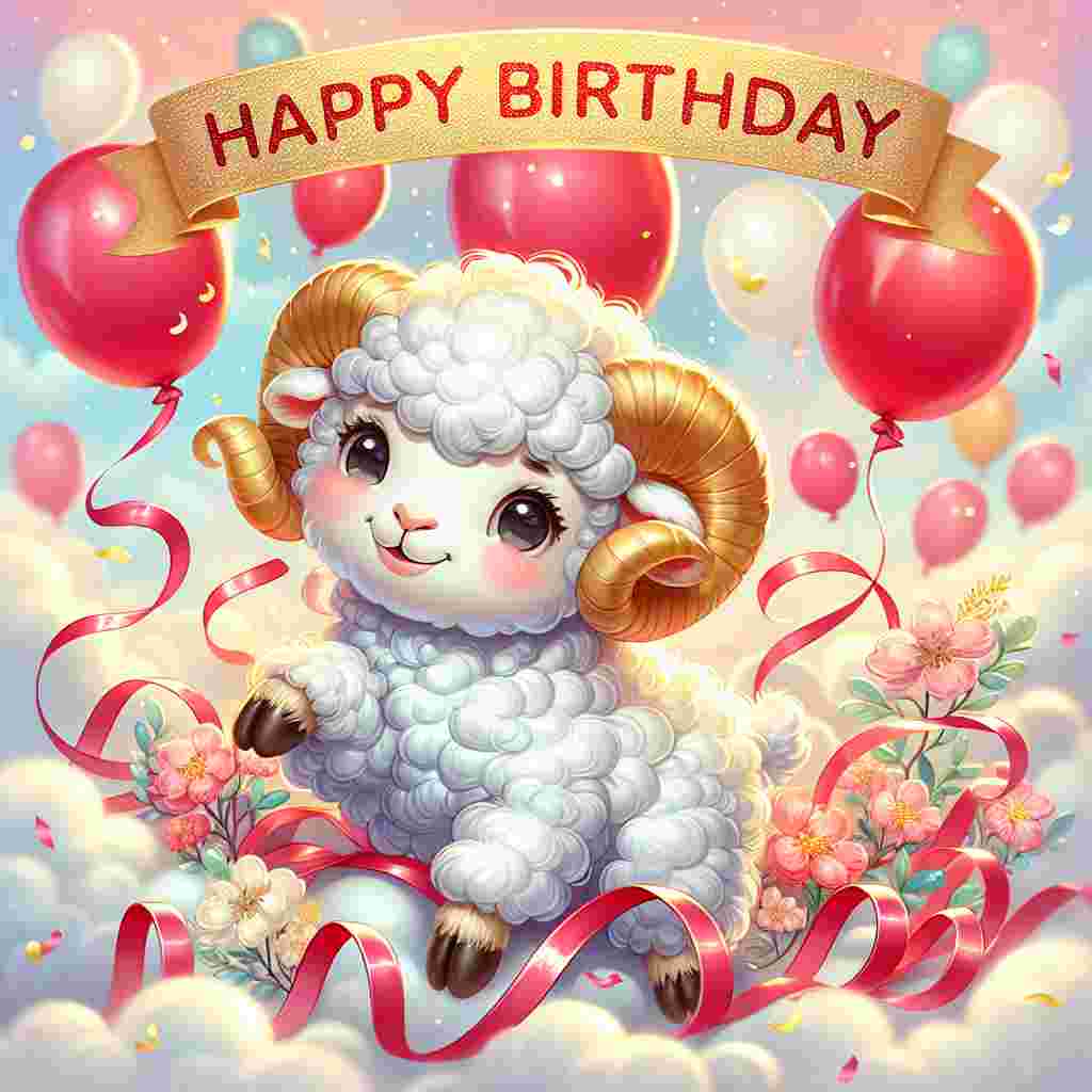 A bright and cheerful illustration featuring a cute little ram with golden fleece, amidst a backdrop of vibrant red and white balloons. The ram is playfully entangled in pastel-colored ribbons while a bold 'Happy Birthday' written in gold accents adorns the sky, highlighting the Aries theme.
Generated with these themes: Aries Birthday Cards.
Made with ❤️ by AI.